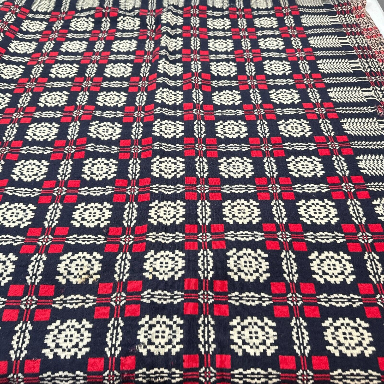 Antique handmade coverlet Reversible Jacquard Loomed Wool 1800s red american