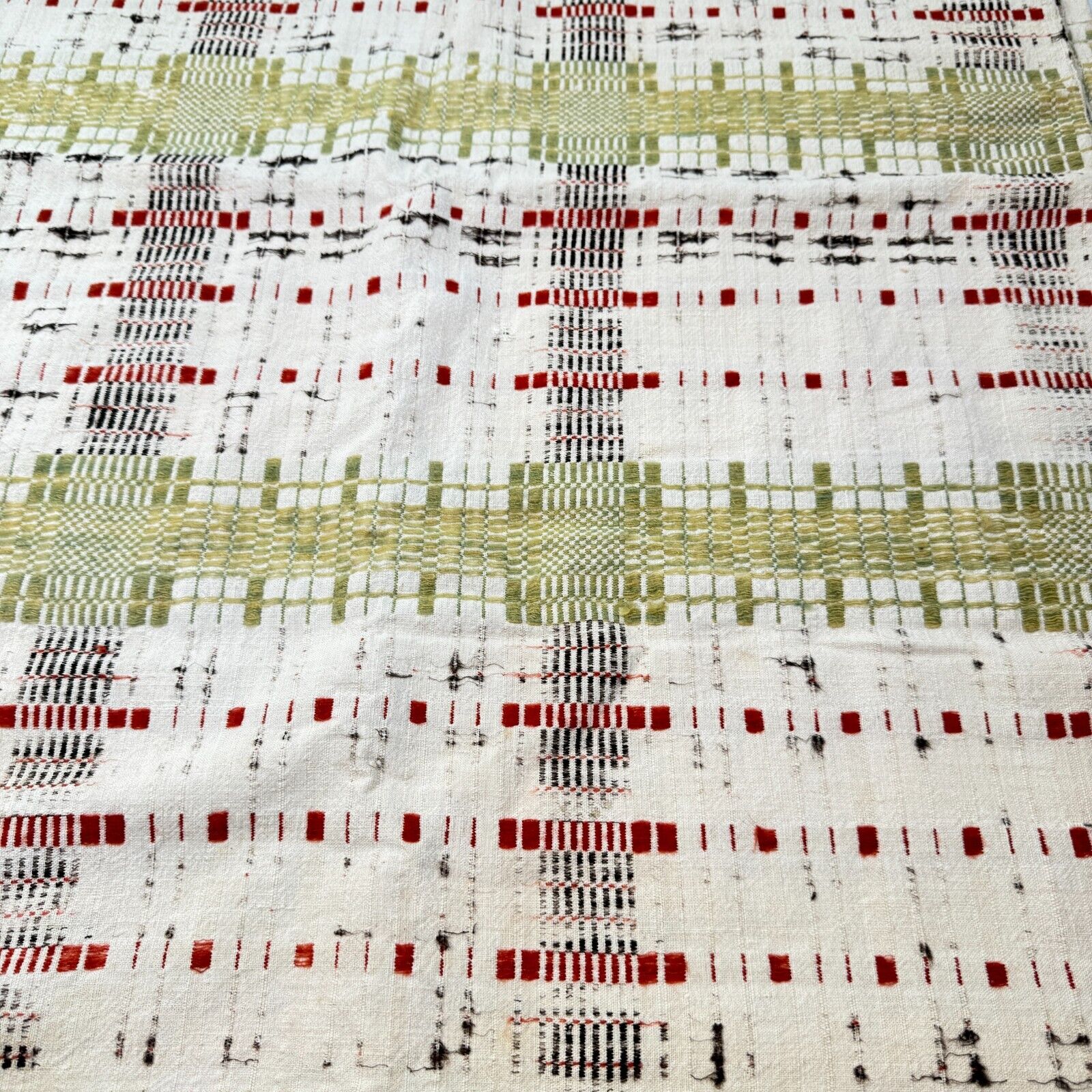 Antique handmade coverlet woven Jacquard Loomed Wool 1800s green american rustic