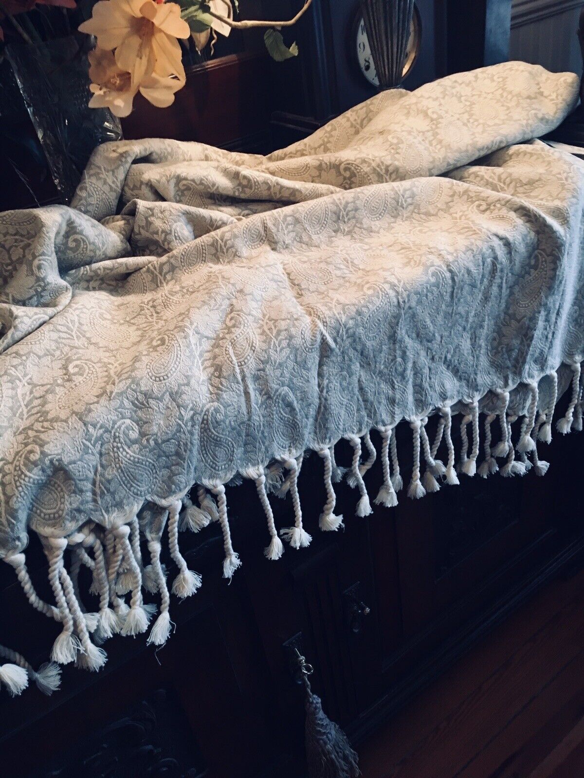 Pale Green Antique Paisley Fringe Shawl Tapestry