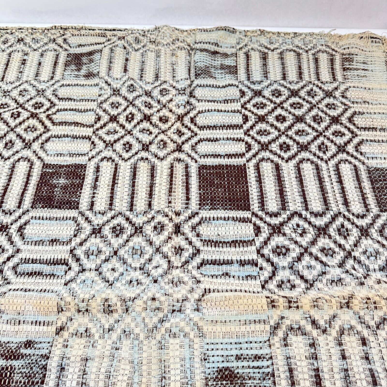 Antique handmade coverlet Reversible Jacquard Loomed Wool 1800s brown american