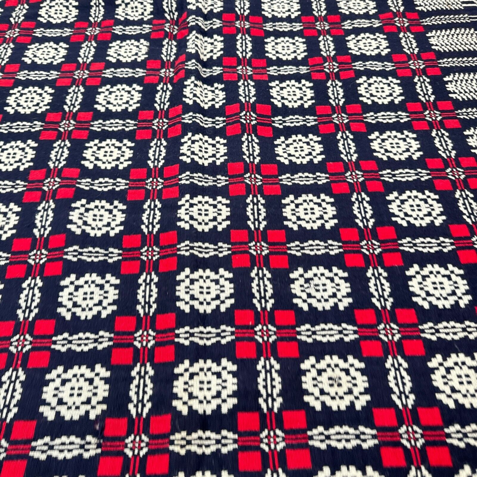 Antique handmade coverlet Reversible Jacquard Loomed Wool 1800s red american