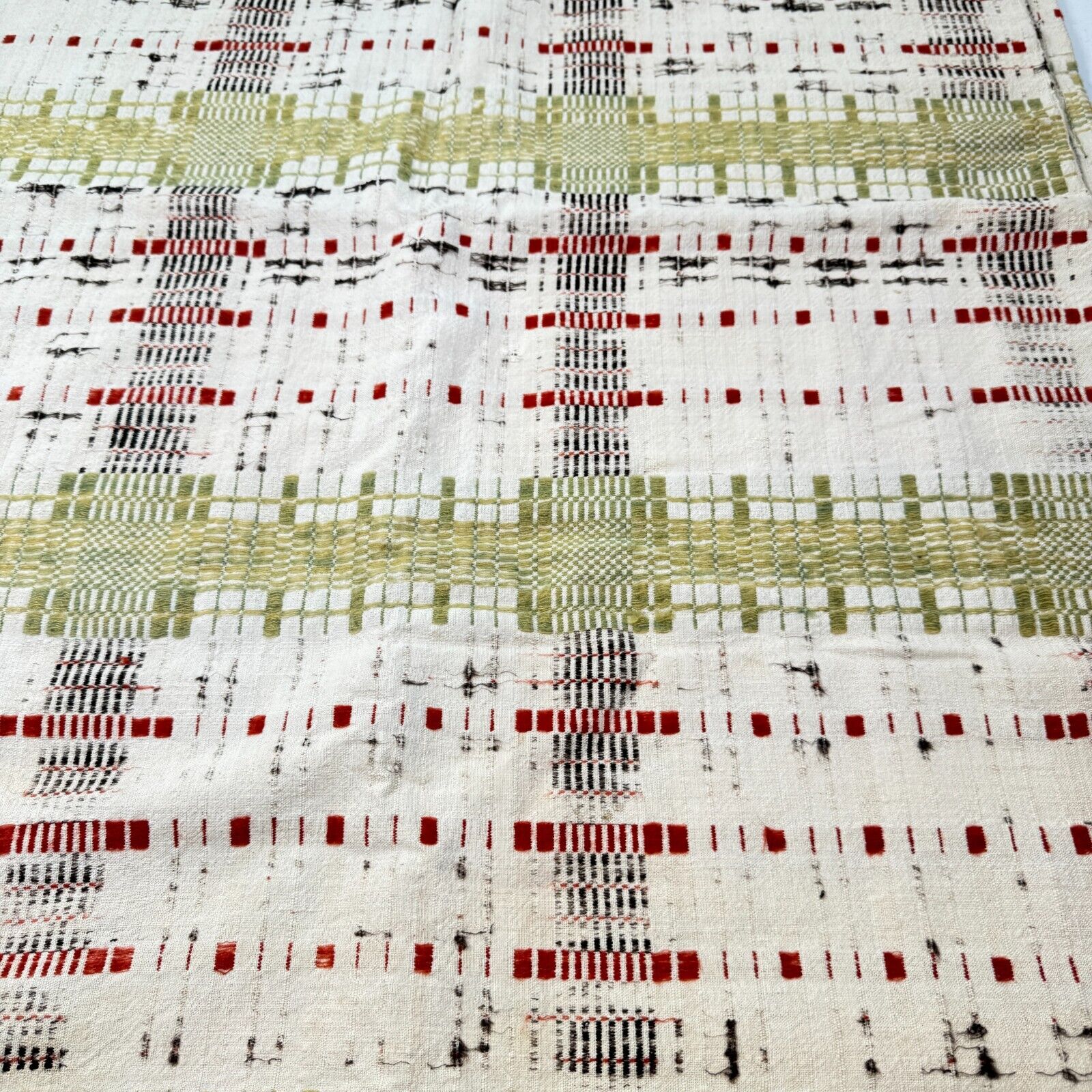 Antique handmade coverlet woven Jacquard Loomed Wool 1800s green american rustic