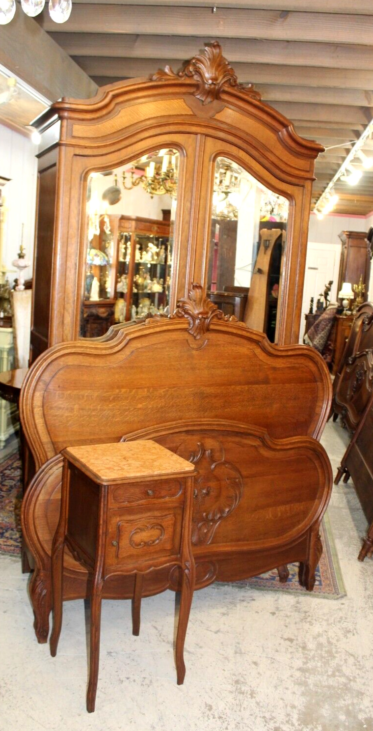 French Antique Carved Oak Louis XV Bedroom Set Armoire, Bed & Nightstand