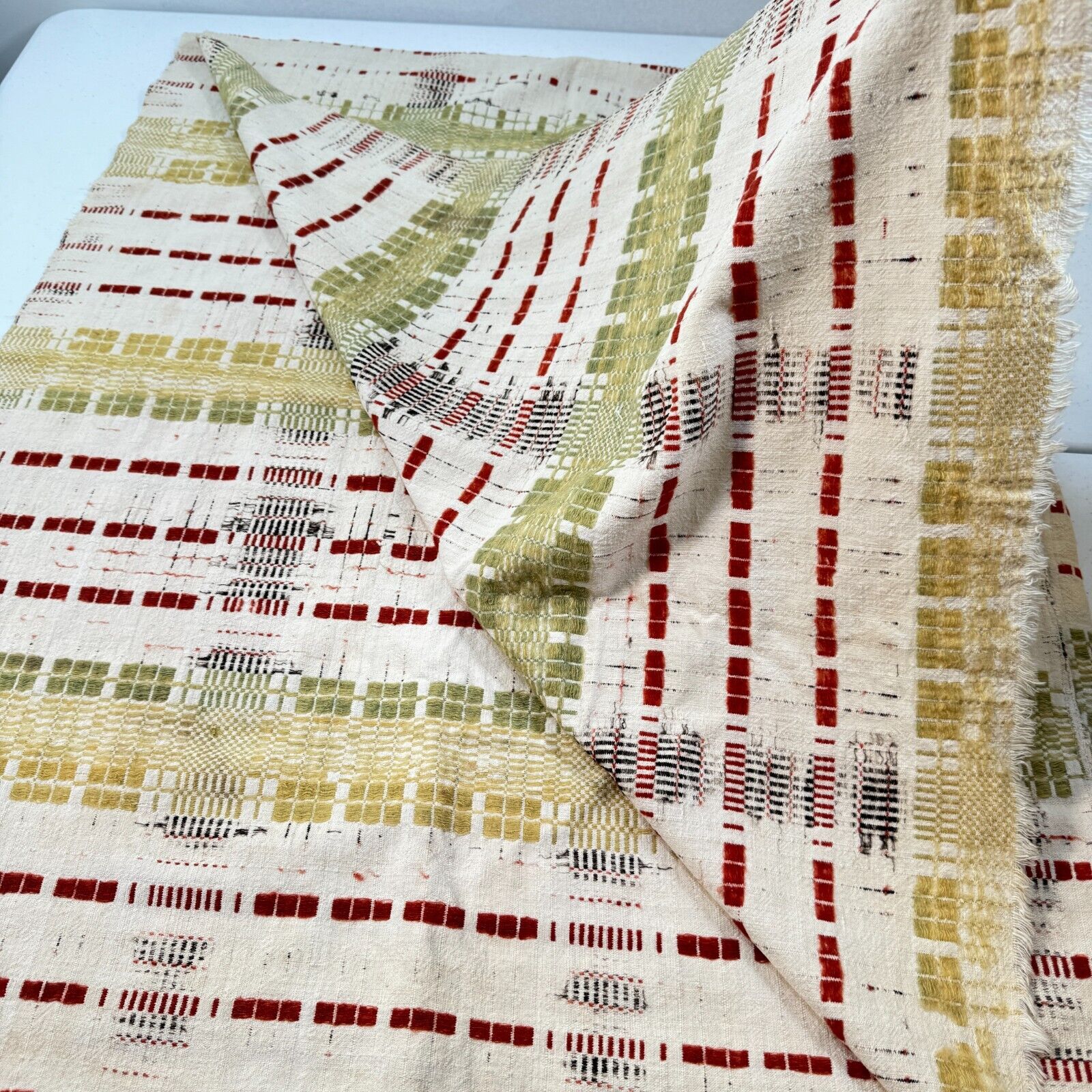 Antique handmade coverlet woven Jacquard Loomed Wool 1800s green american rustic