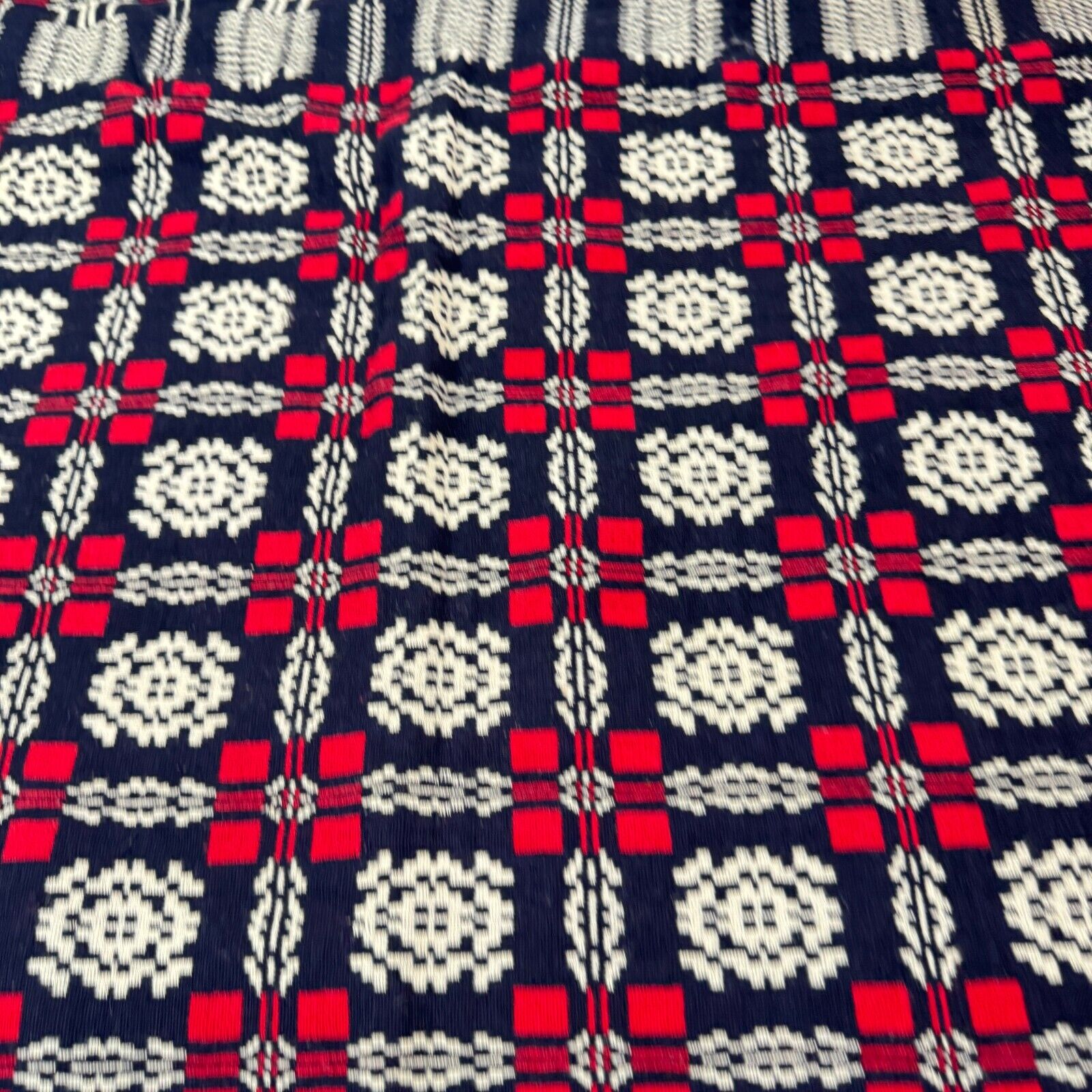 Antique handmade coverlet Reversible Jacquard Loomed Wool 1800s red american