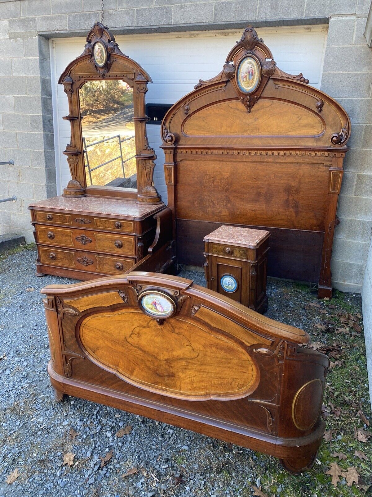 RENAISSANCE 3 PC. WALNUT AND BURL BEDROOM SET WITH PORCELAIN PLAQUES