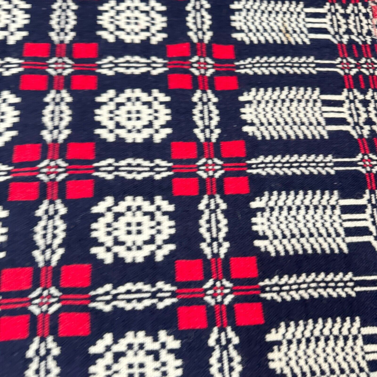 Antique handmade coverlet Reversible Jacquard Loomed Wool 1800s red american
