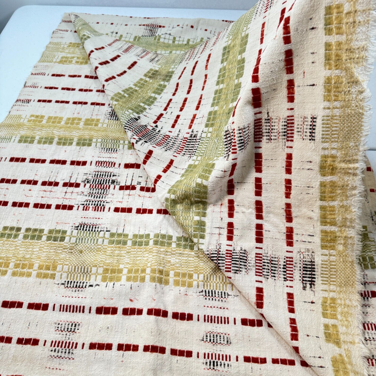 Antique handmade coverlet woven Jacquard Loomed Wool 1800s green american rustic