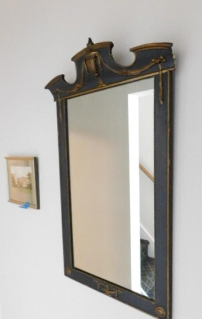19th Century French Gilded & Painted Mirror Pediment Top Gold Relief Carvings