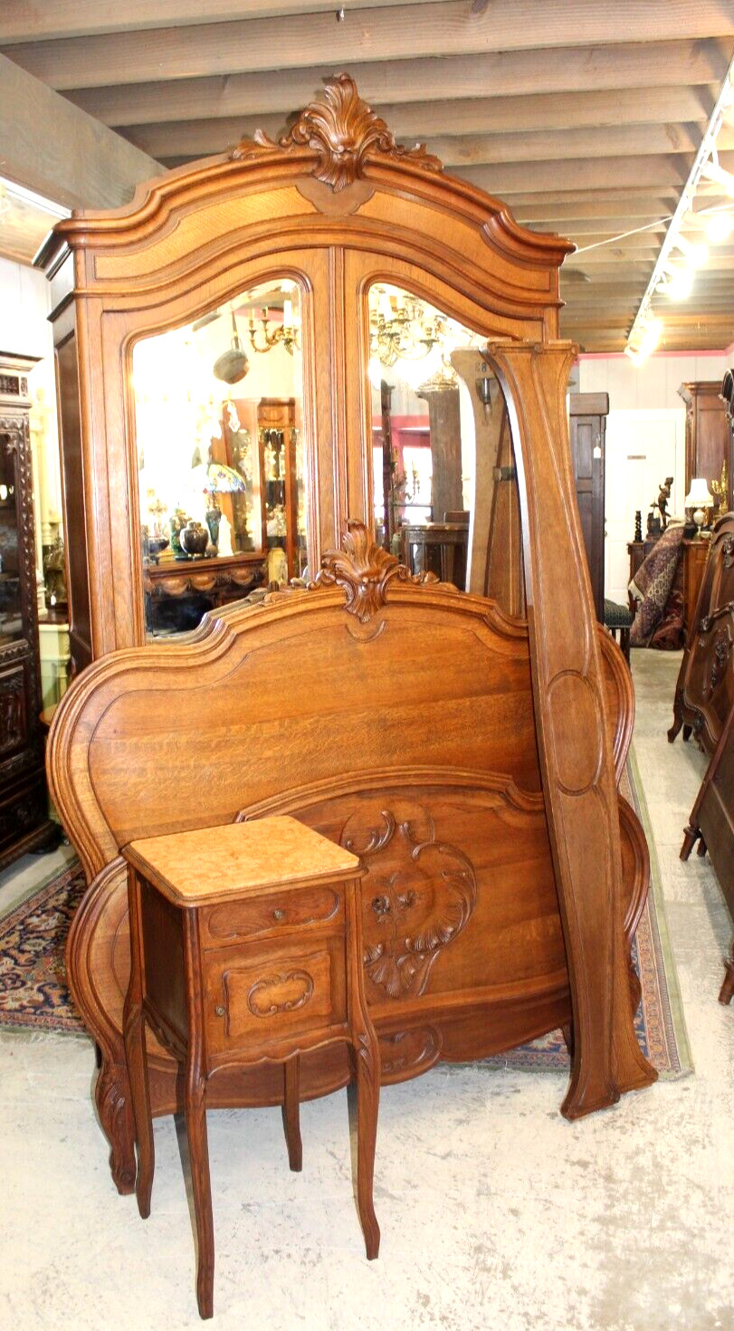 French Antique Carved Oak Louis XV Bedroom Set Armoire, Bed & Nightstand