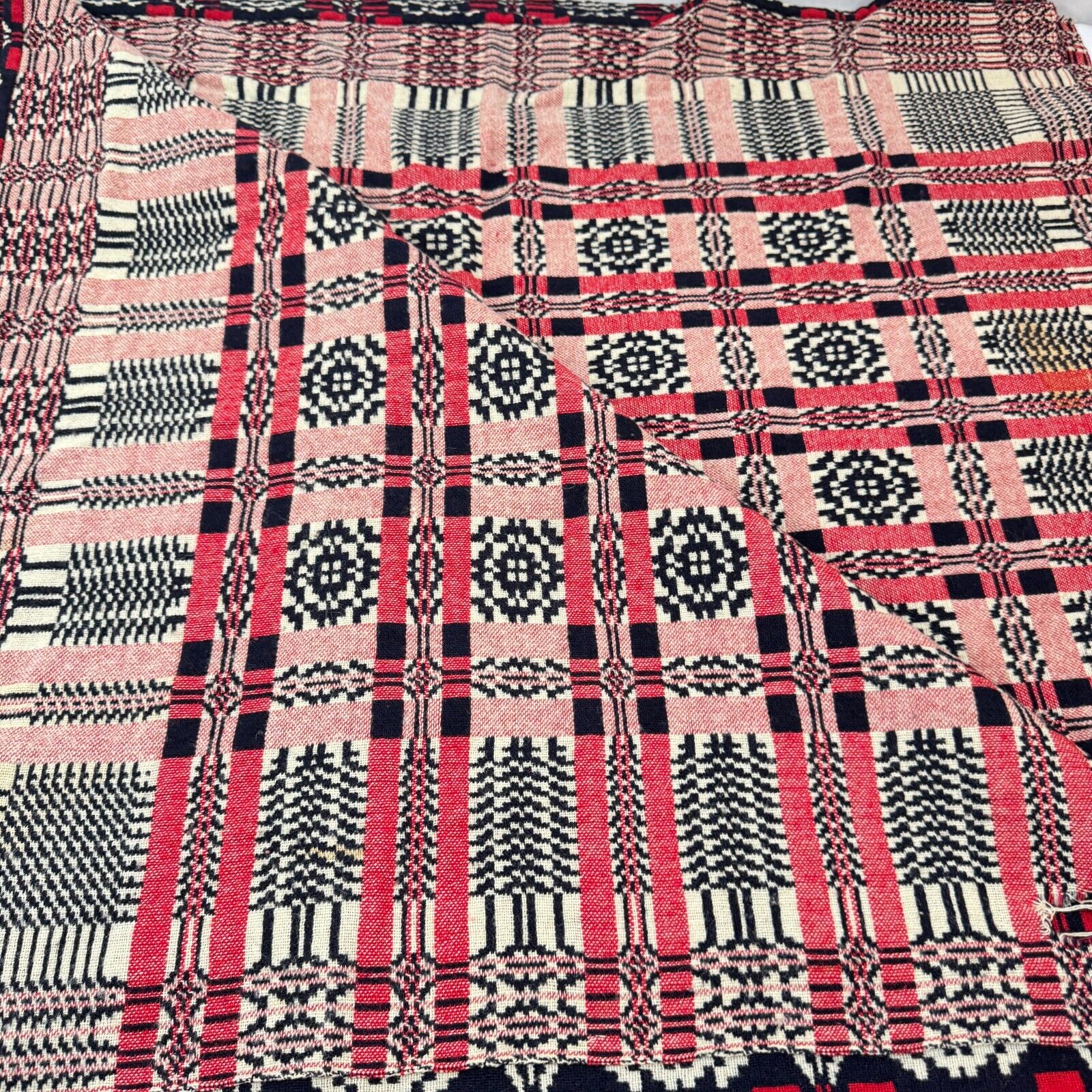 Antique handmade coverlet Reversible Jacquard Loomed Wool 1800s red american