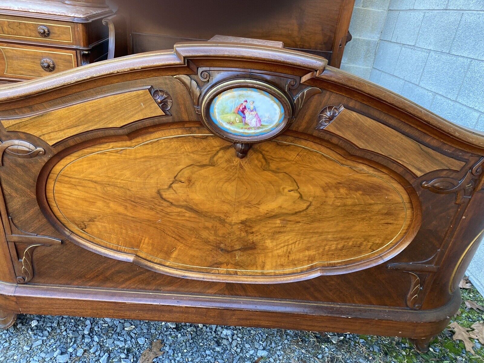 RENAISSANCE 3 PC. WALNUT AND BURL BEDROOM SET WITH PORCELAIN PLAQUES