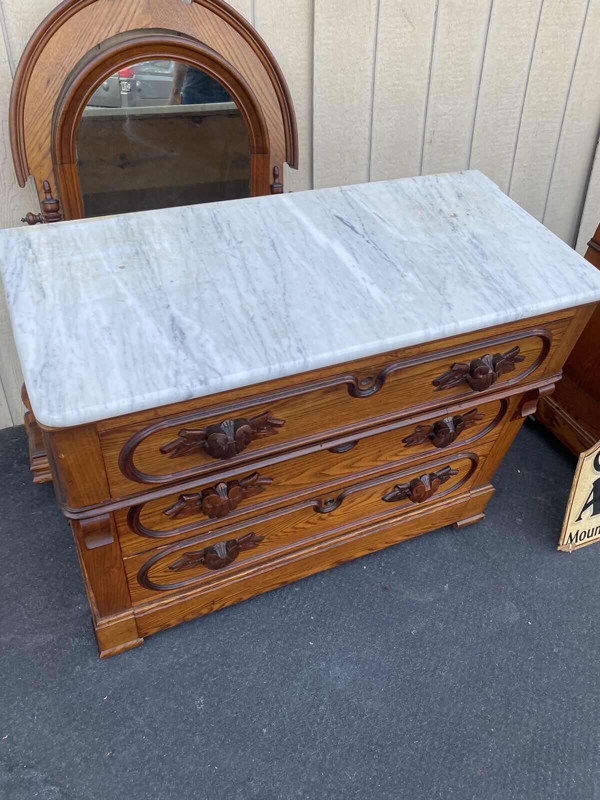 65516  Antique Victorian Oak Bedroom Set Full Bed Dresser w/ mir. Washstand