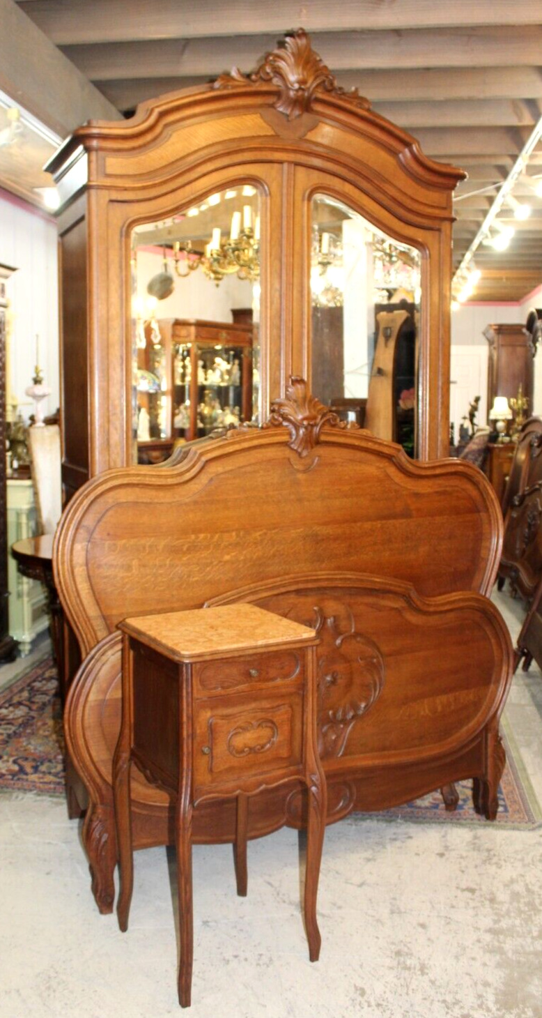 French Antique Carved Oak Louis XV Bedroom Set Armoire, Bed & Nightstand