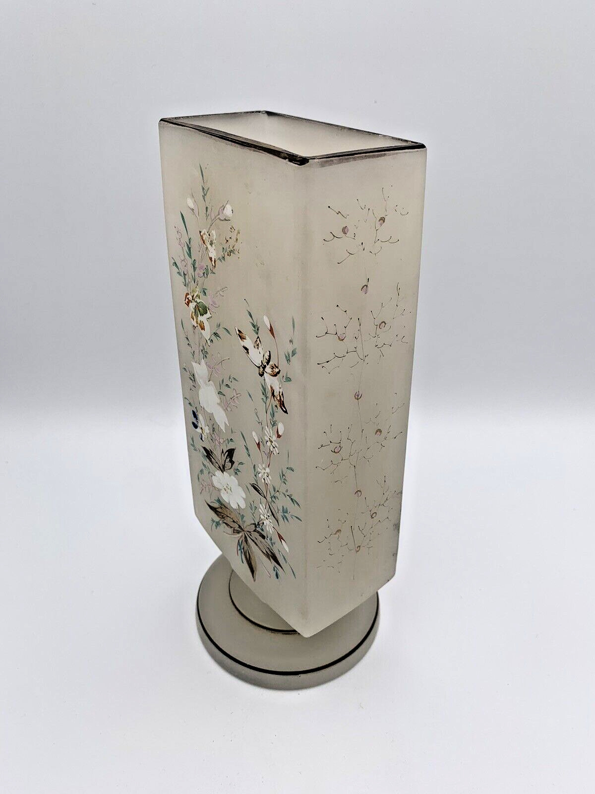 Victorian Candle Holder Painted Frosted Glass Gold Foil Accent Antique 1800's