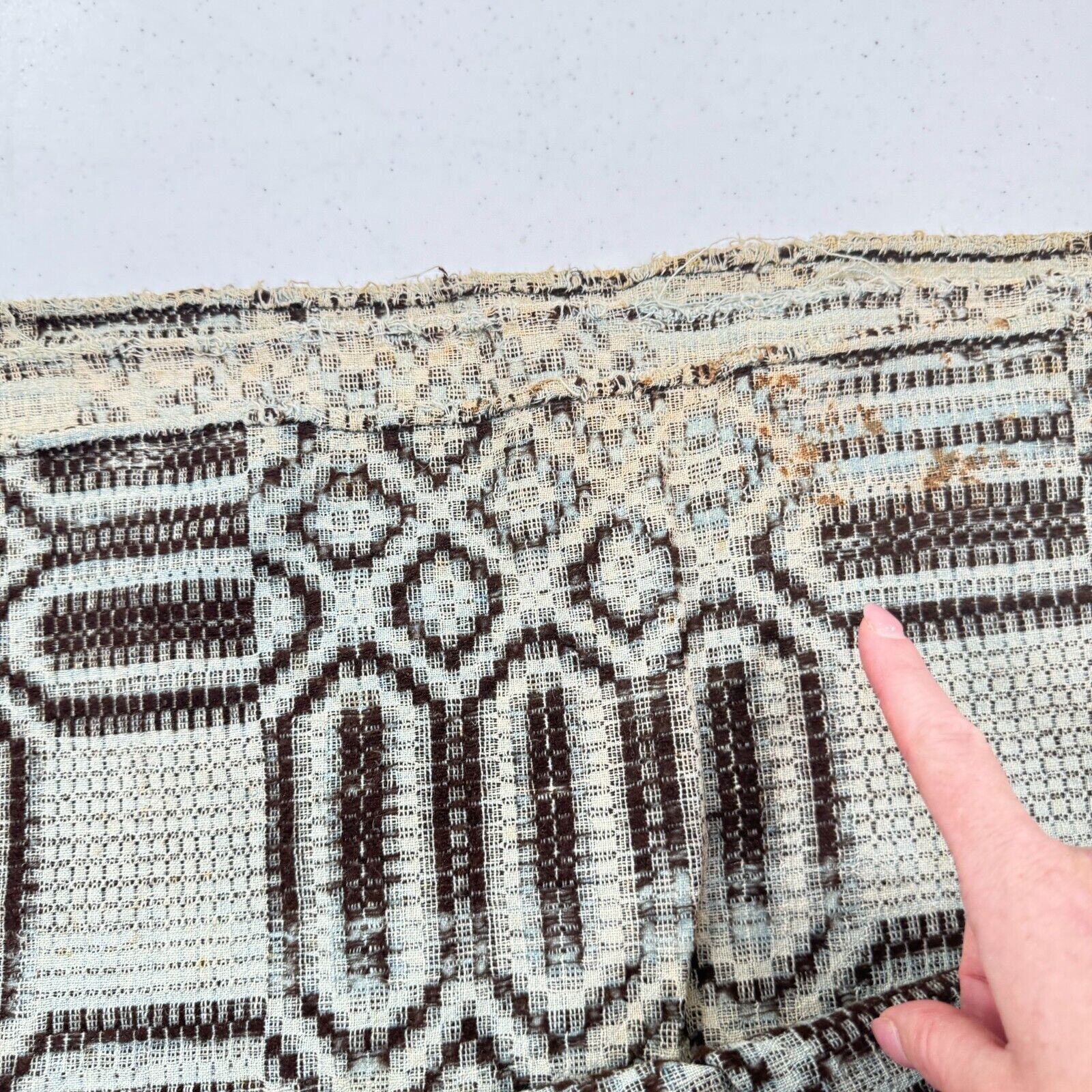 Antique handmade coverlet Reversible Jacquard Loomed Wool 1800s brown american