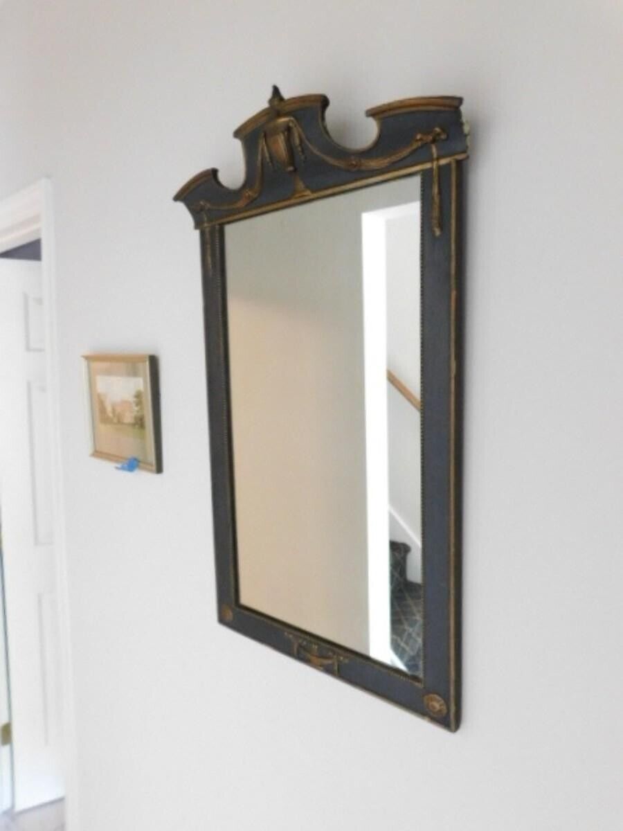 19th Century French Gilded & Painted Mirror Pediment Top Gold Relief Carvings