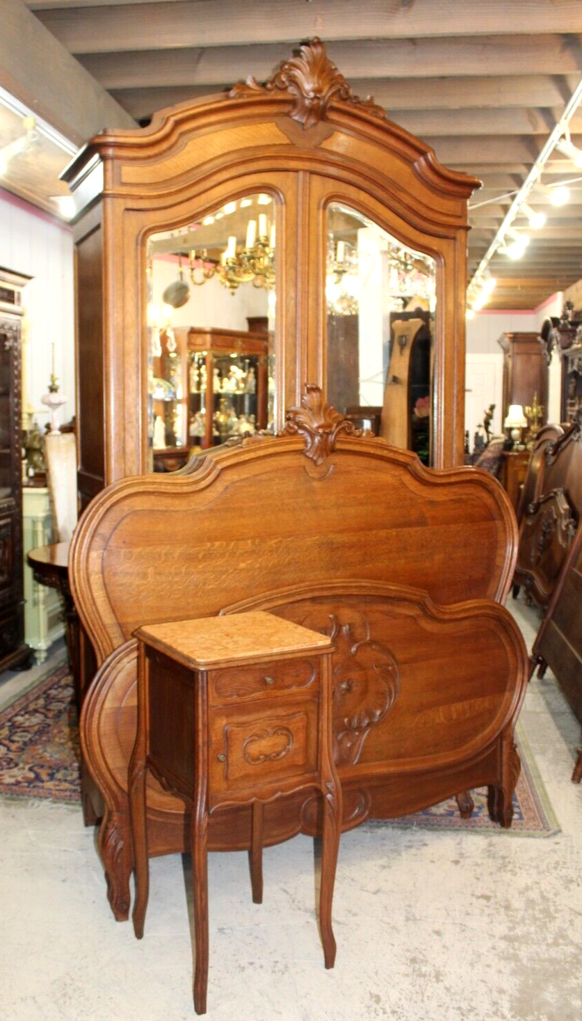 French Antique Carved Oak Louis XV Bedroom Set Armoire, Bed & Nightstand