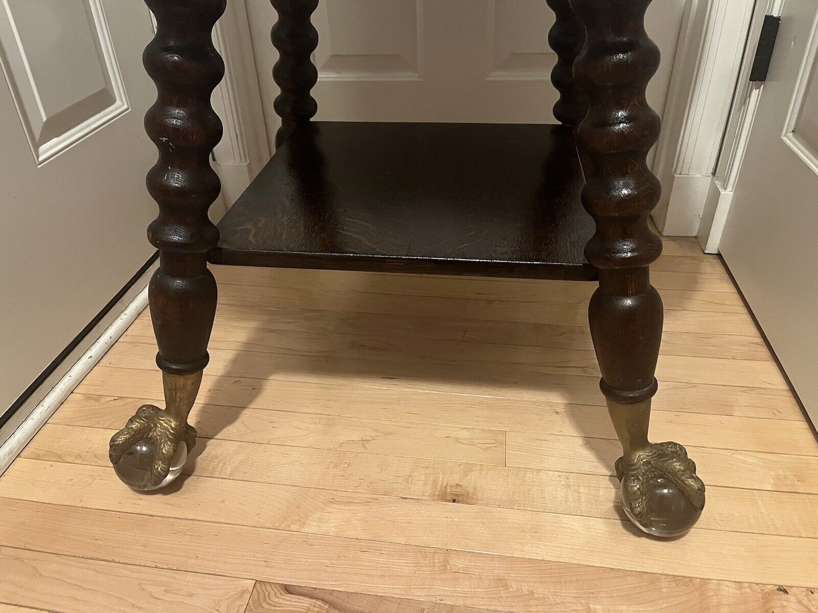🔥1800s Antique Oak Gargoyle Claw Glass Ball Foot Parlor Clover Table NightStand