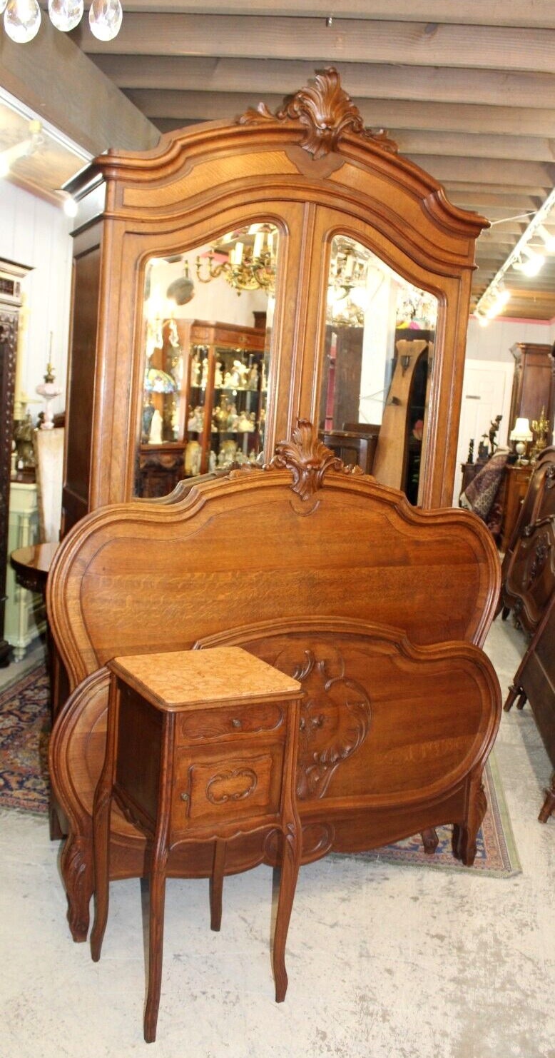 French Antique Carved Oak Louis XV Bedroom Set Armoire, Bed & Nightstand