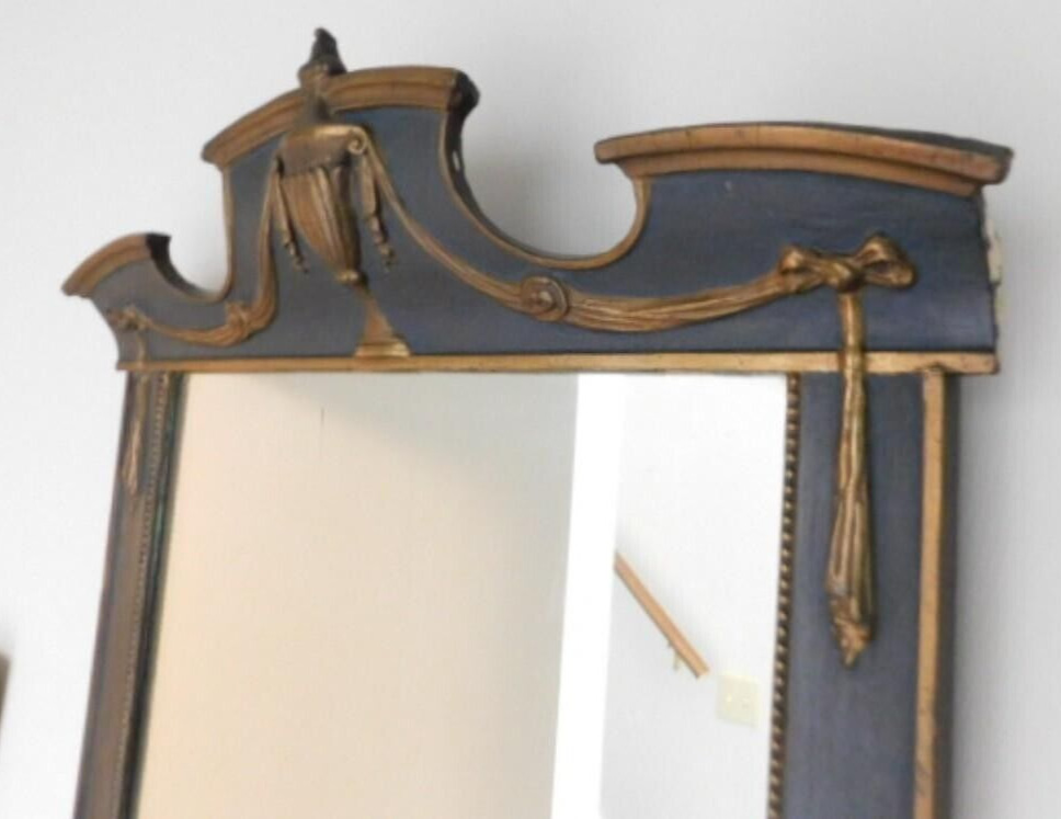 19th Century French Gilded & Painted Mirror Pediment Top Gold Relief Carvings