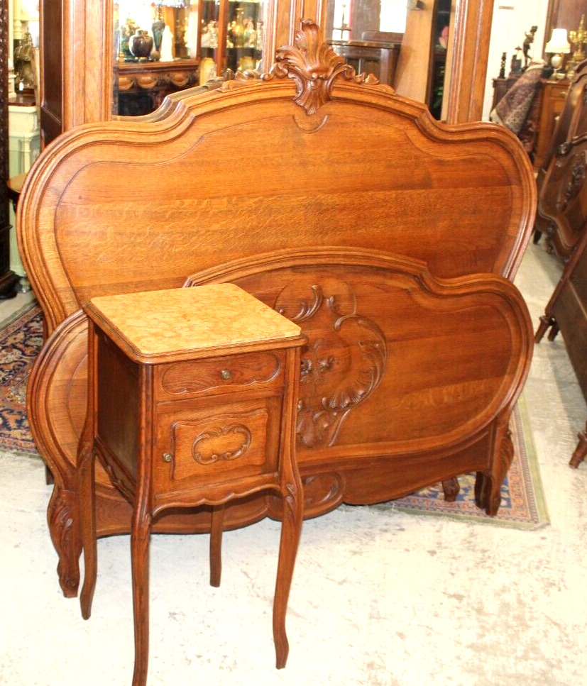 French Antique Carved Oak Louis XV Bedroom Set Armoire, Bed & Nightstand