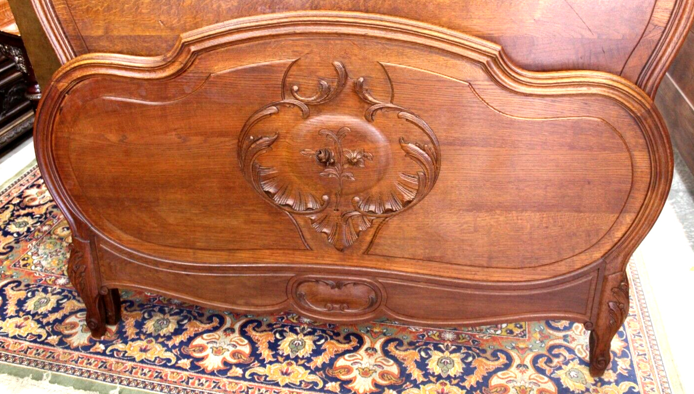 French Antique Carved Oak Louis XV Bedroom Set Armoire, Bed & Nightstand