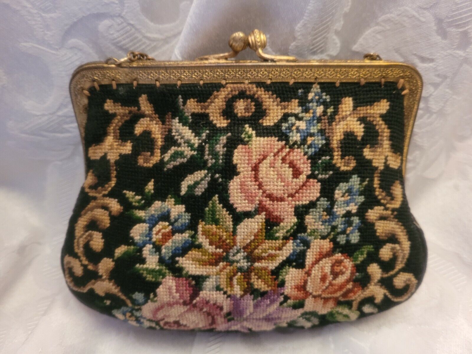 Victorian Floral Needlepoint Tapestry Handbag