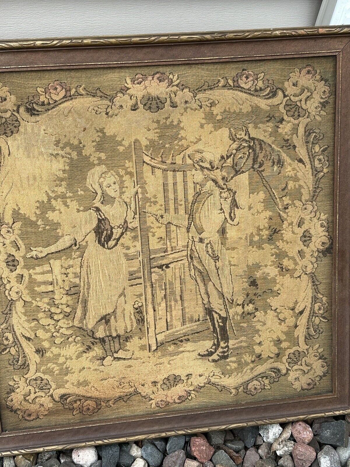 Antique Framed French Tapestry of Lady and Soldier