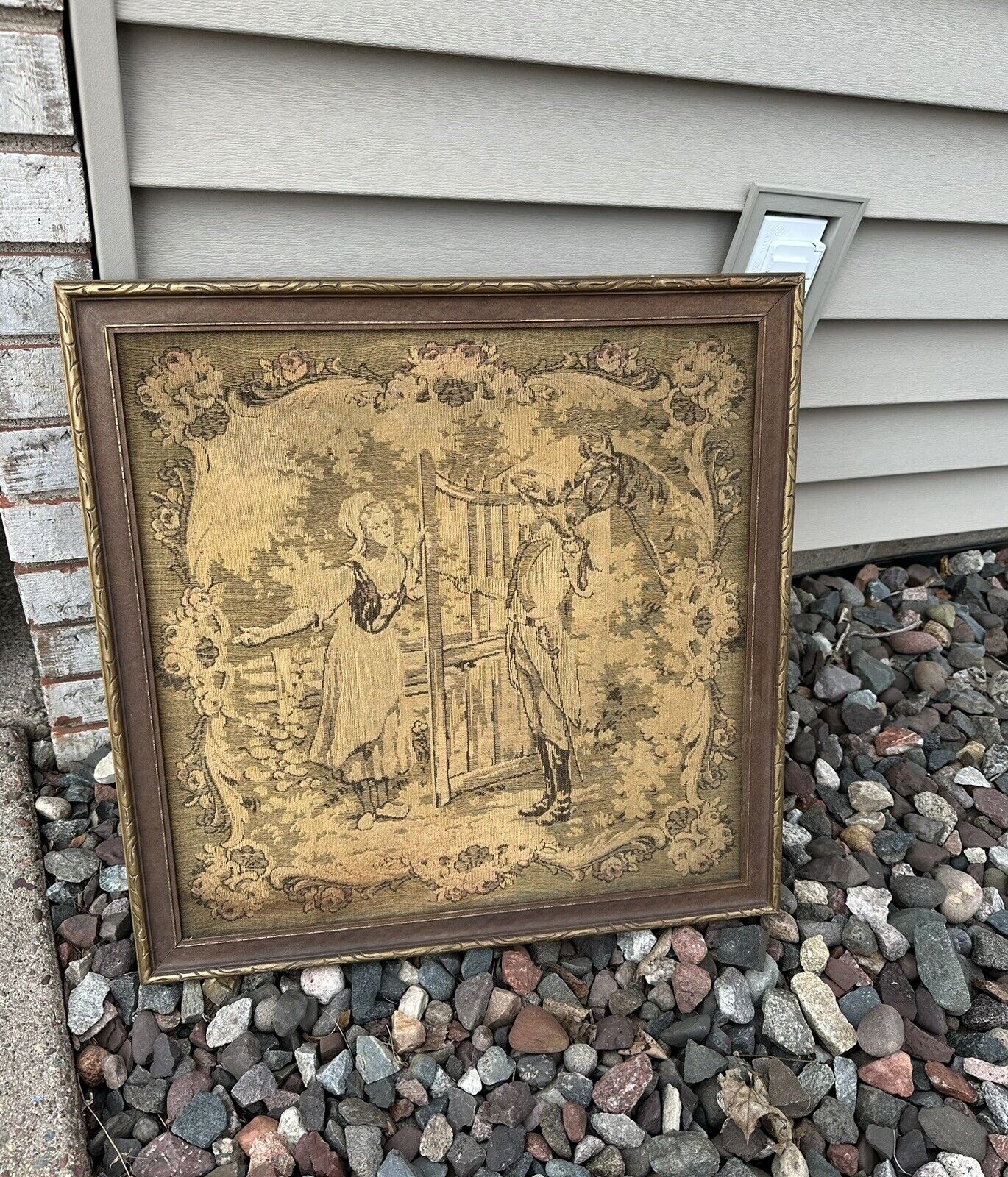 Antique Framed French Tapestry of Lady and Soldier