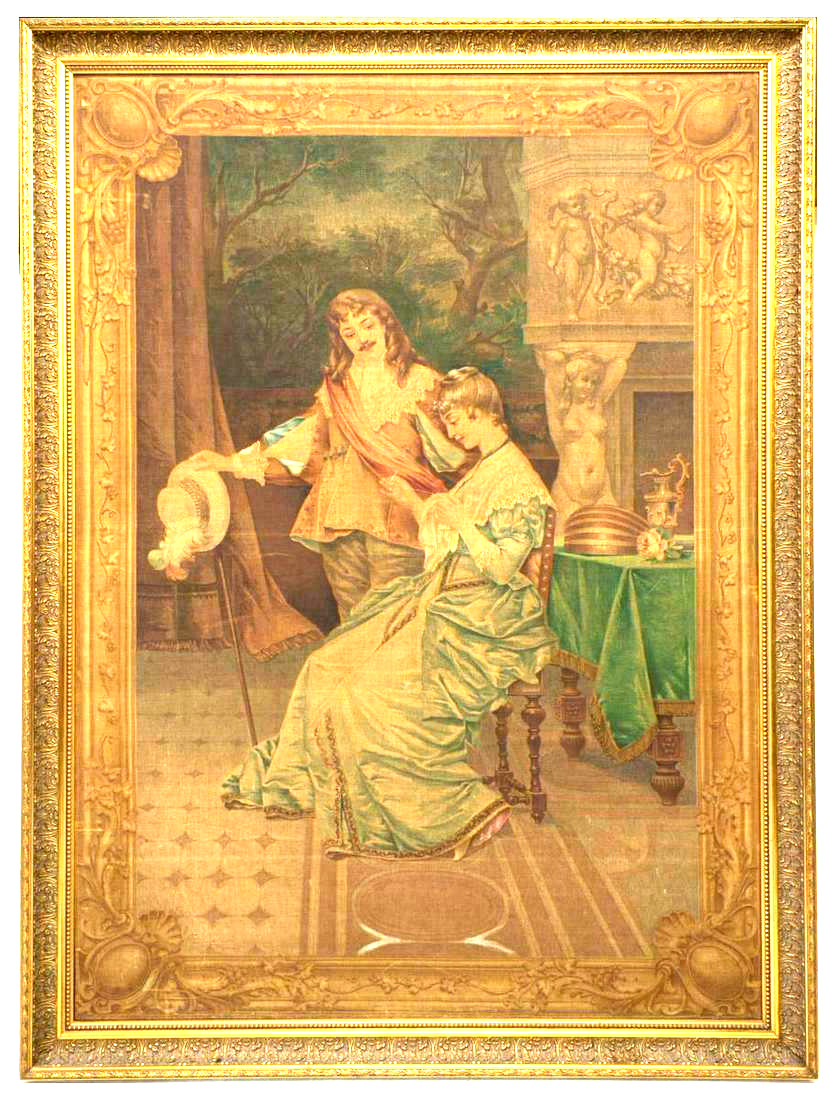 Large Framed Antique Tapestry, Courting Scene, c. 1900s