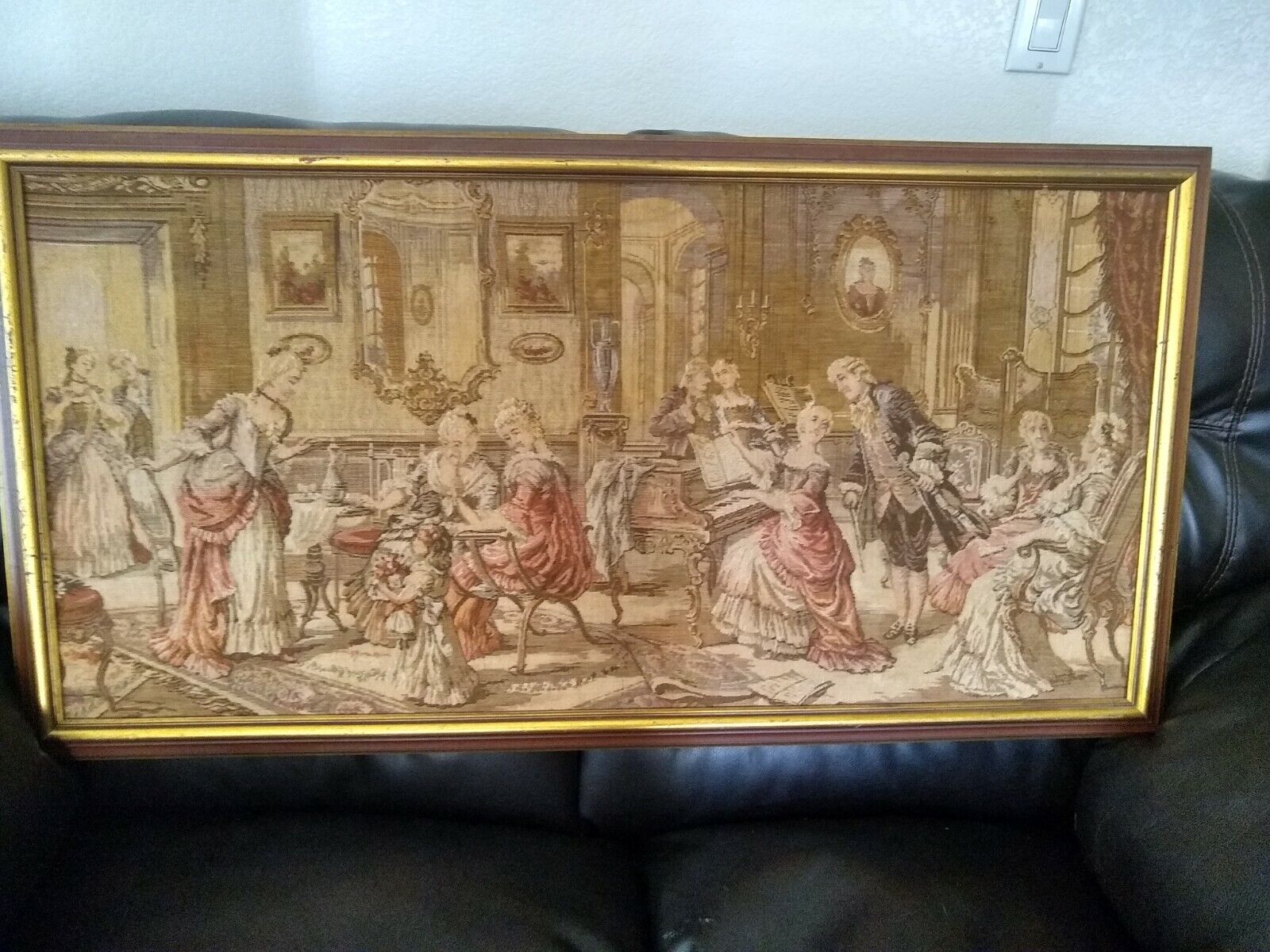Vintage Belgian Tapestry of Salon Scene with Piano