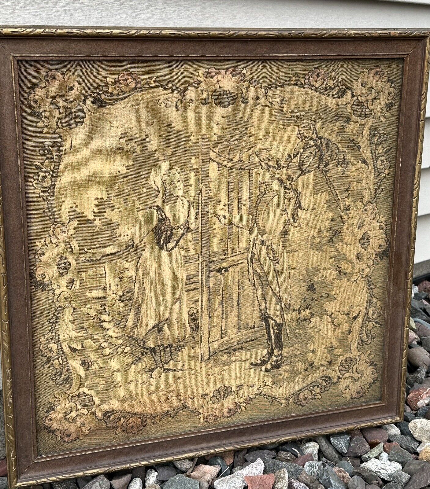 Antique Framed French Tapestry of Lady and Soldier