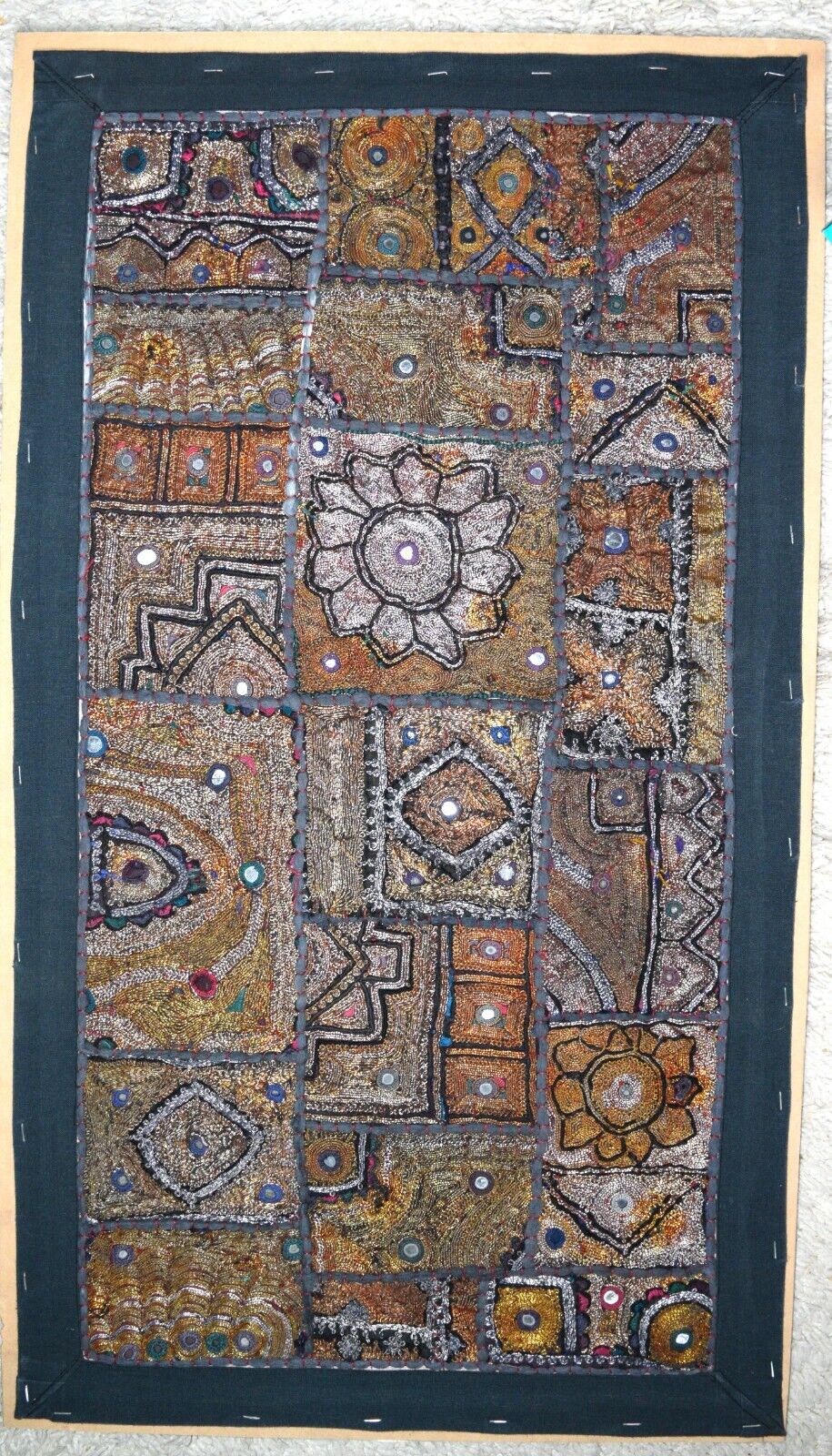 Vintage 1900s Hand Embroidered Bohemian Tapestry Wall Art