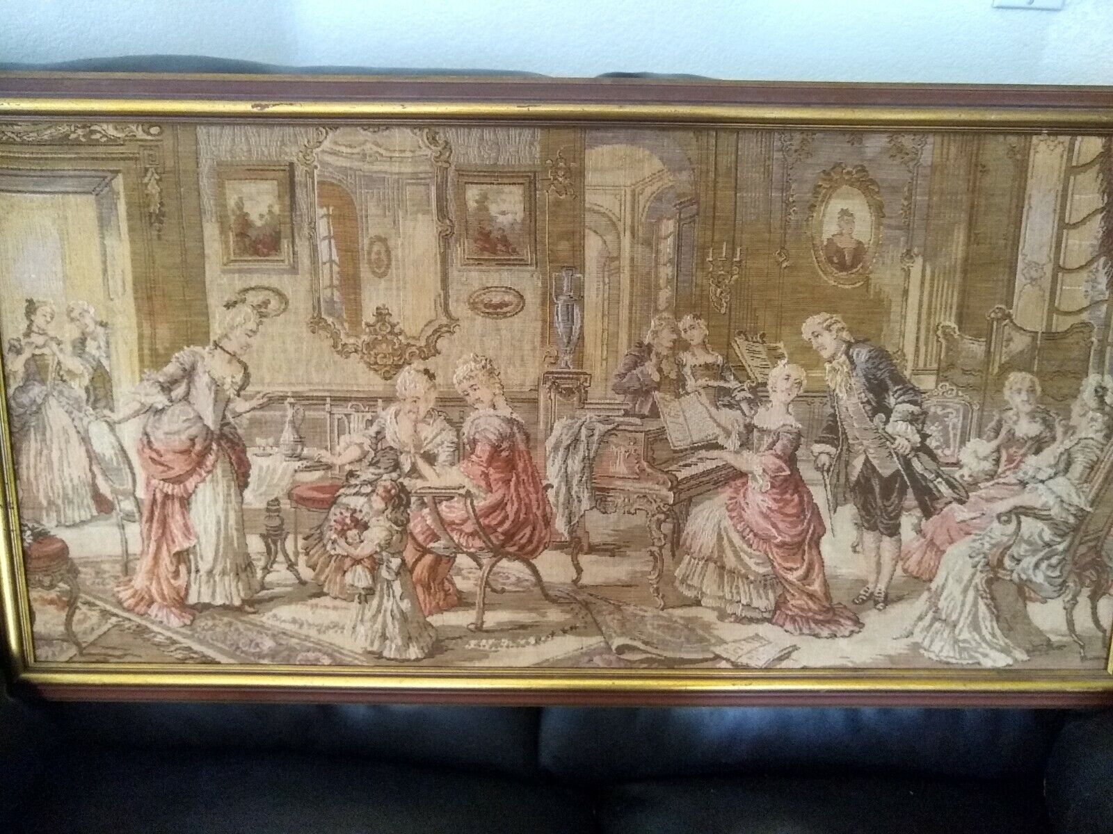 Vintage Belgian Tapestry of Salon Scene with Piano