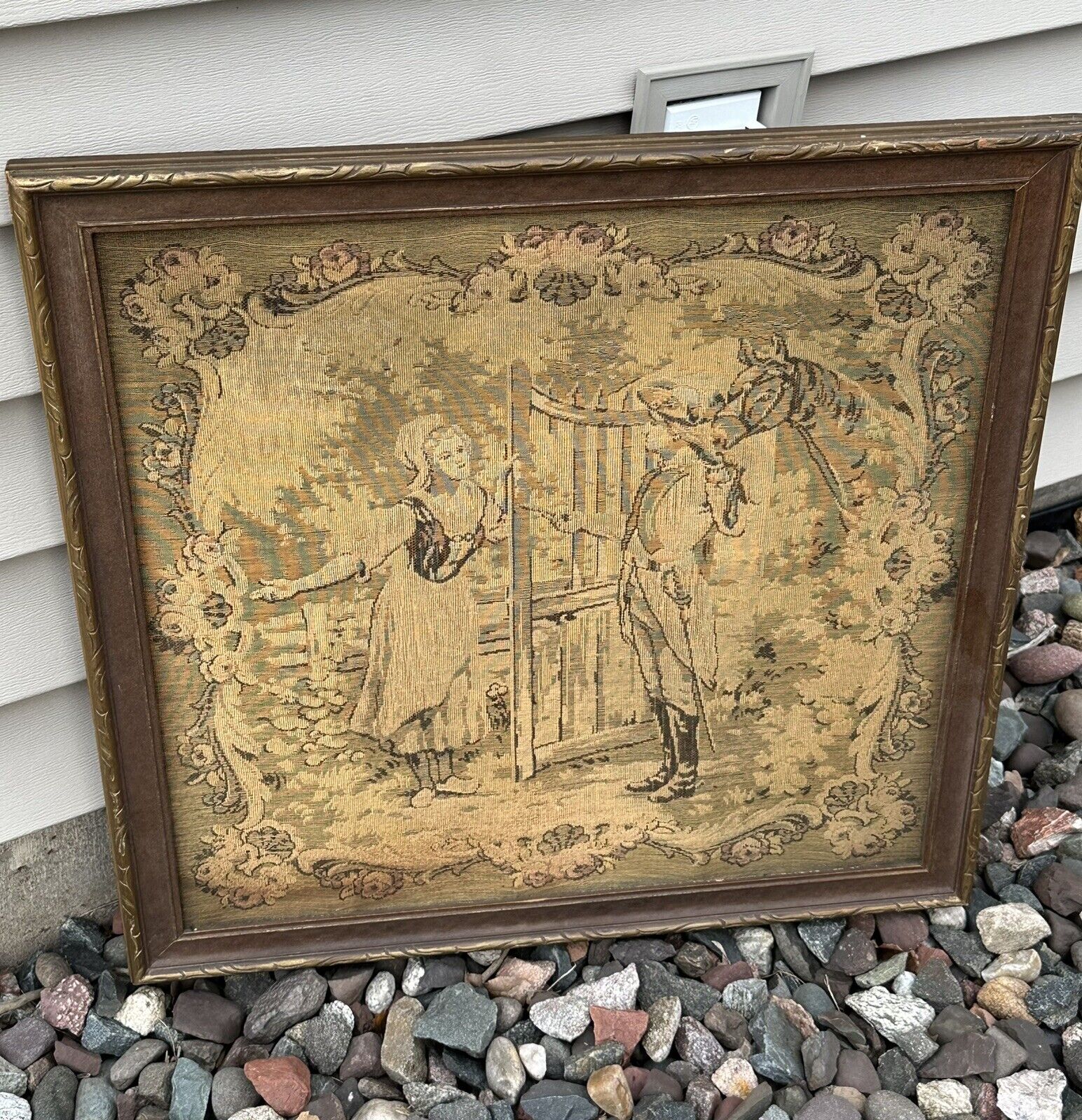 Antique Framed French Tapestry of Lady and Soldier