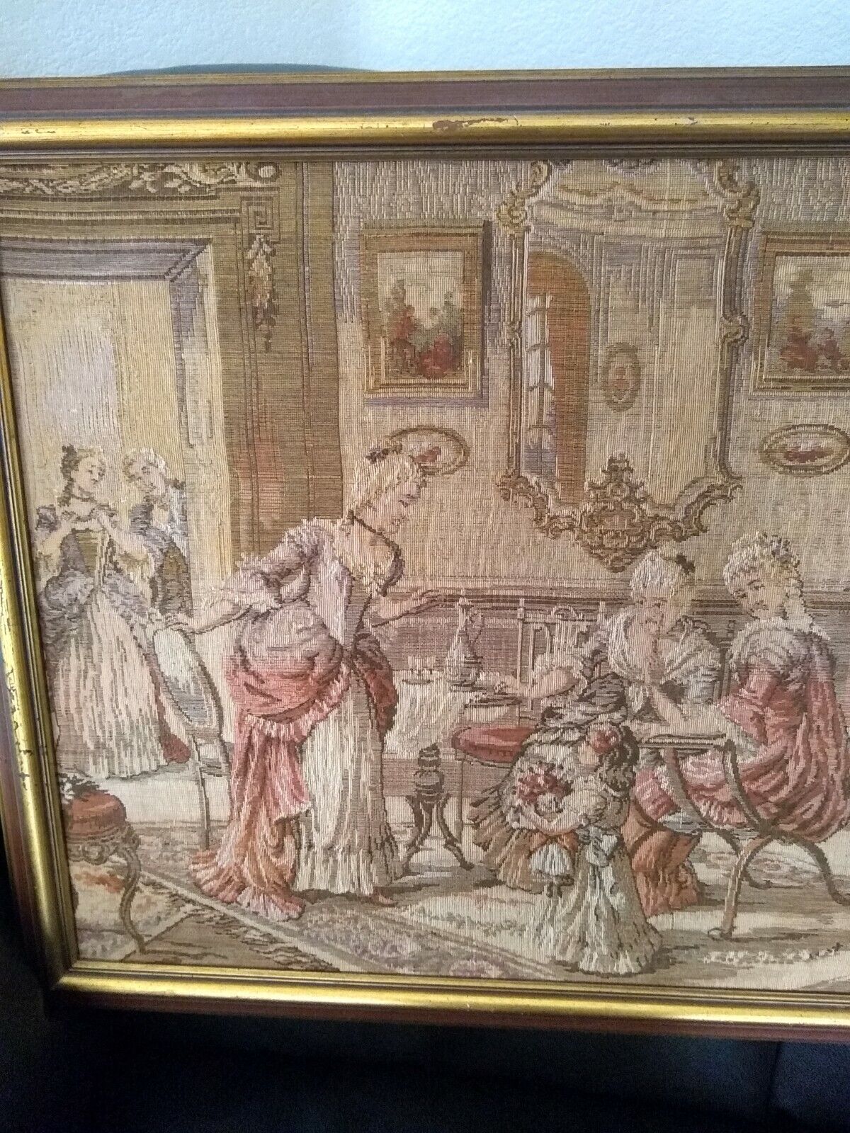 Vintage Belgian Tapestry of Salon Scene with Piano