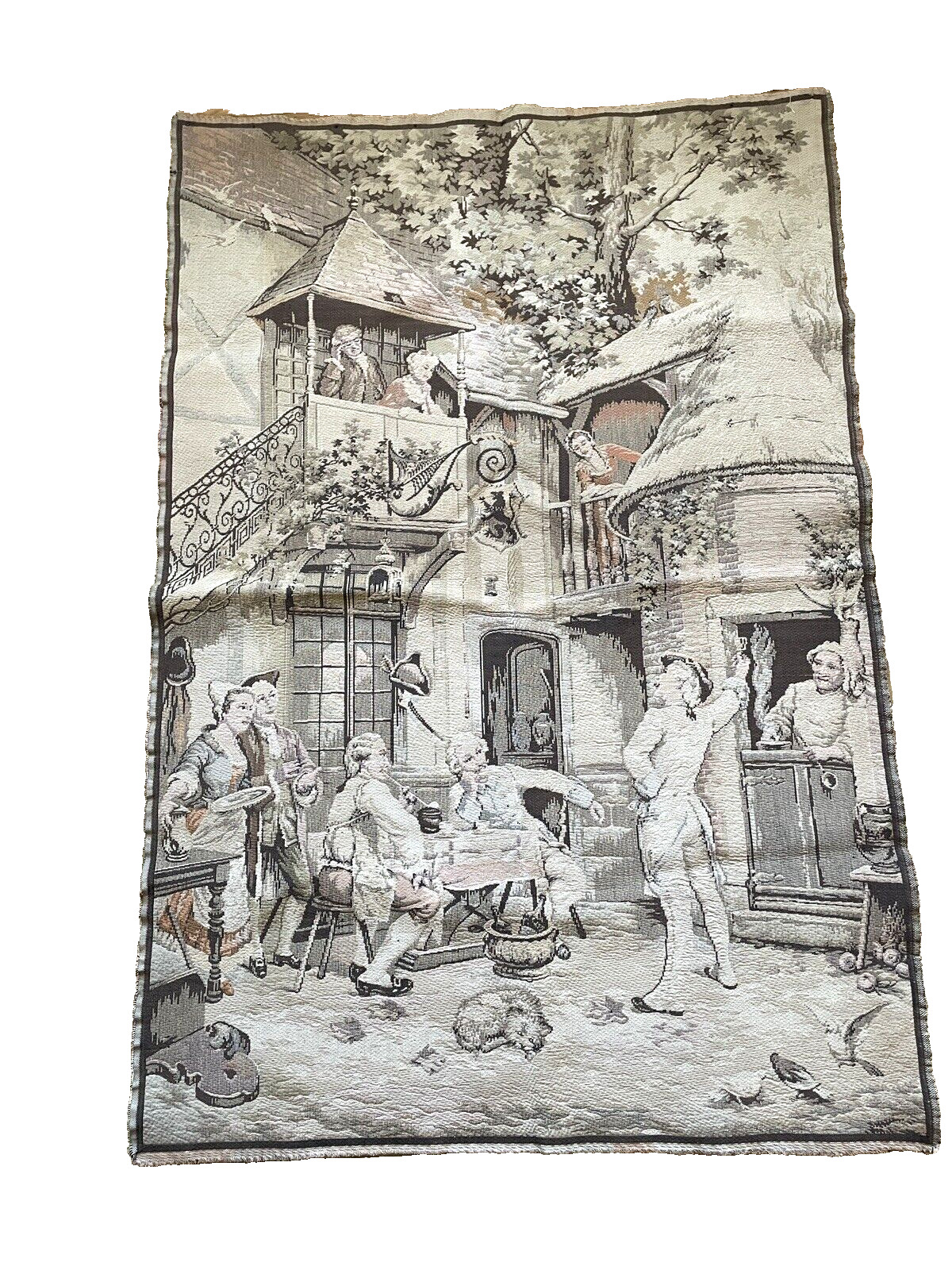 French Tapestry Wall Hanging Village Scenes 1900s