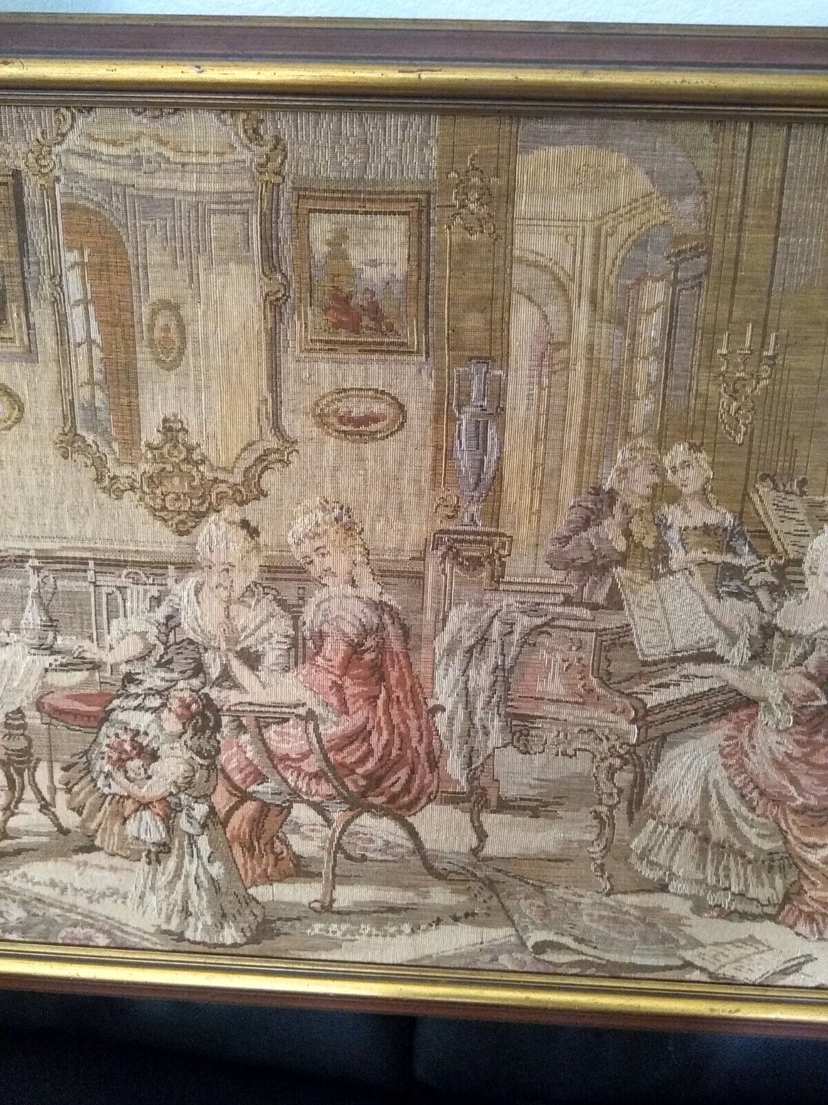 Vintage Belgian Tapestry of Salon Scene with Piano