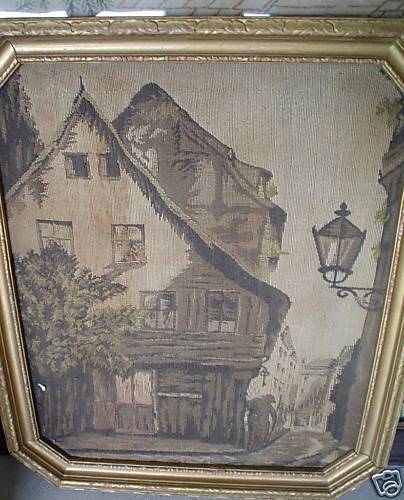 Antique 1800s Needlepoint Framed Town Scene