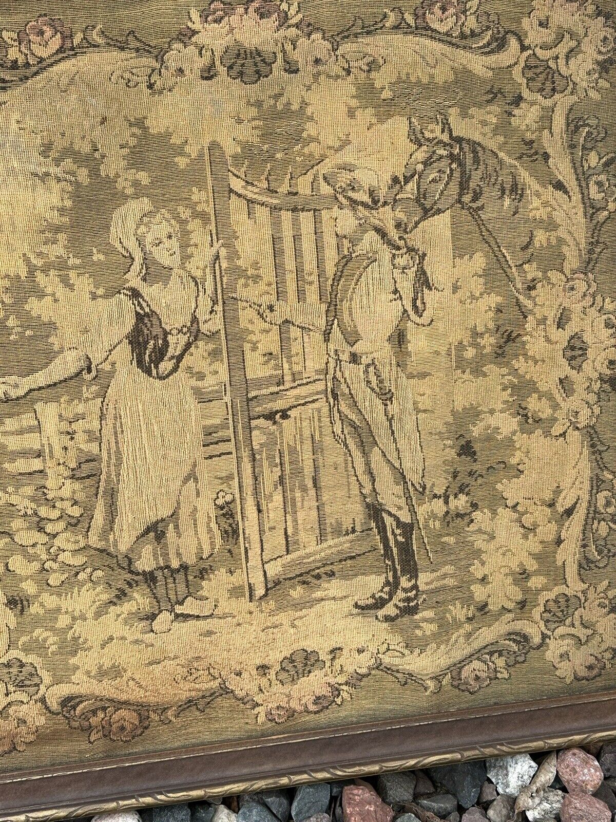 Antique Framed French Tapestry of Lady and Soldier