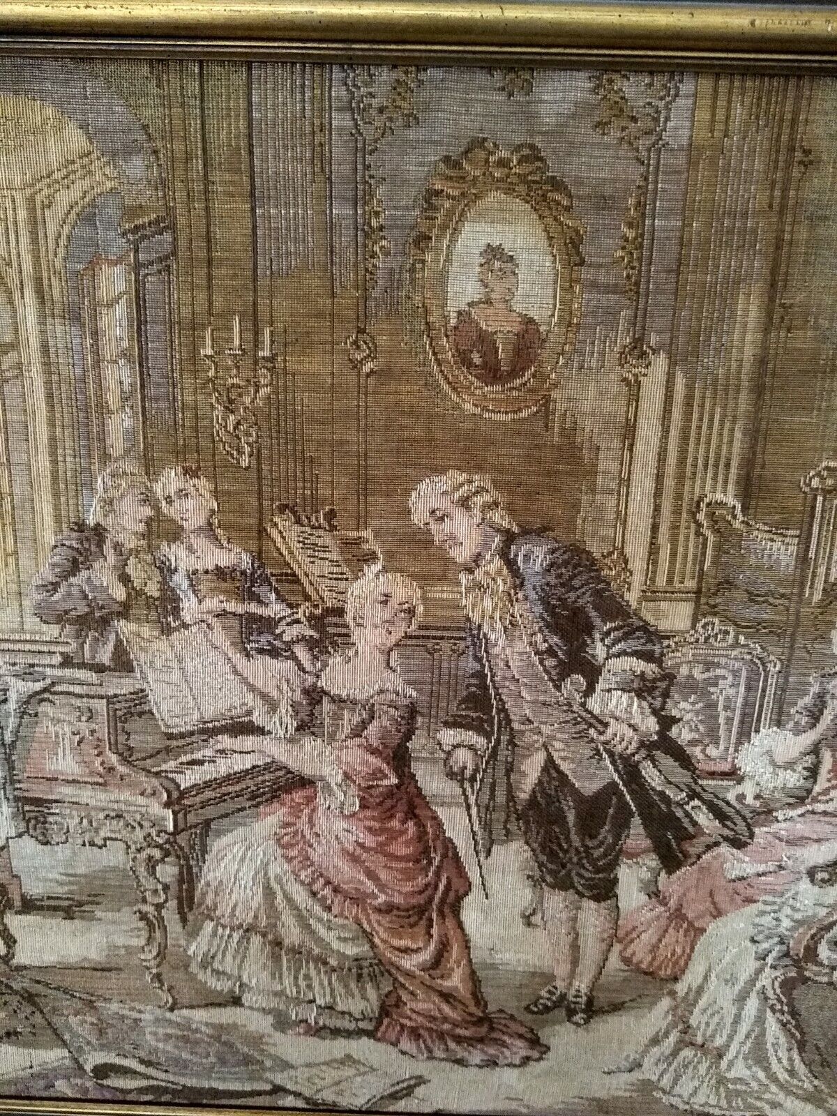 Vintage Belgian Tapestry of Salon Scene with Piano