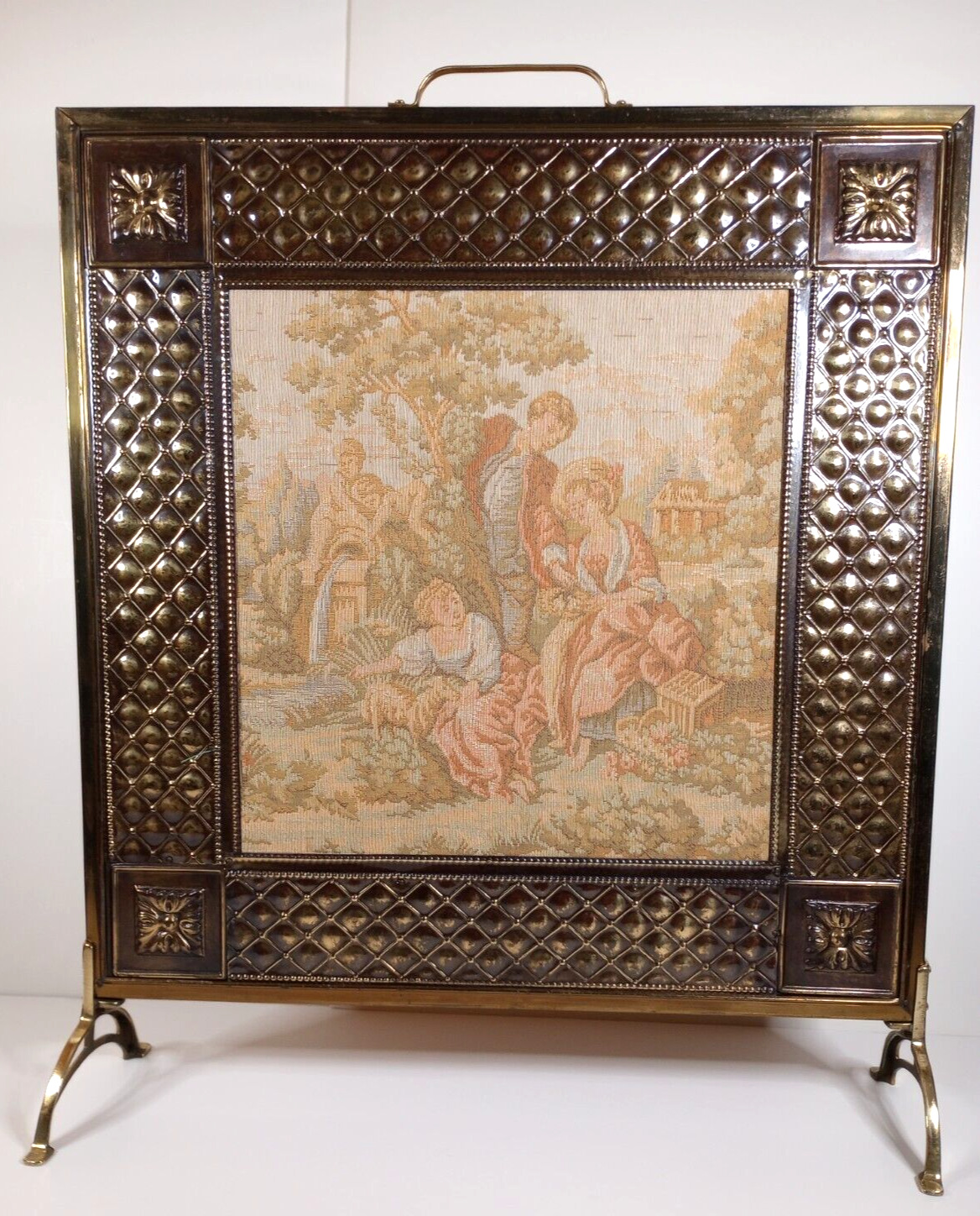 Antique English Tapestry Brass Fireplace Screen