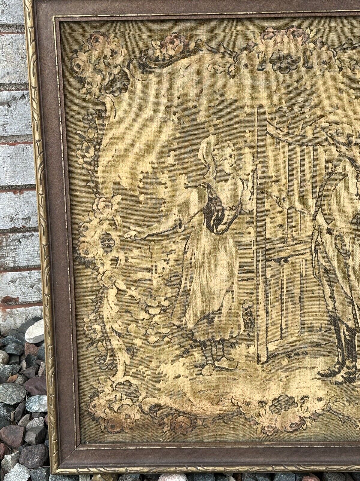 Antique Framed French Tapestry of Lady and Soldier