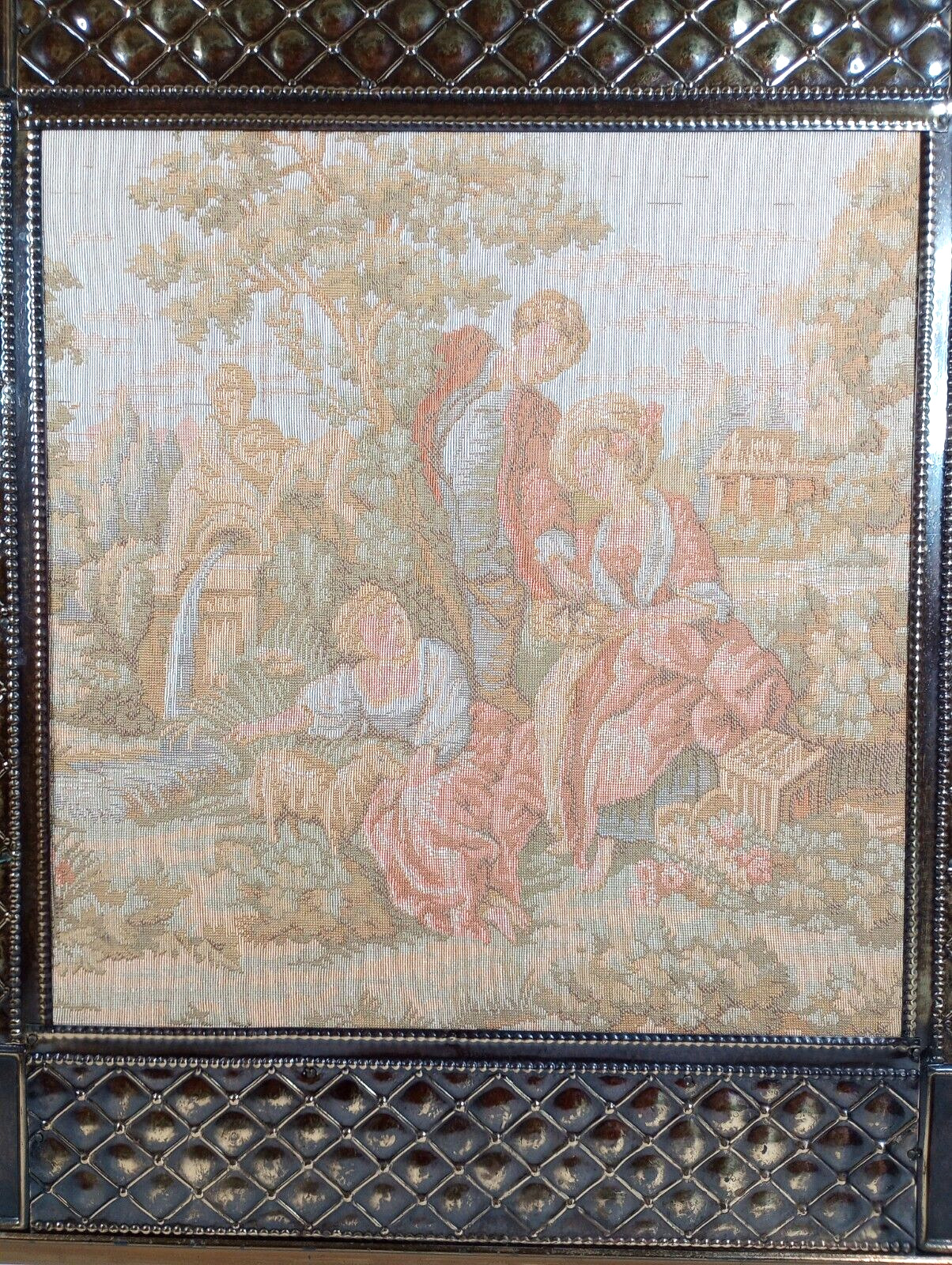 Antique English Tapestry Brass Fireplace Screen