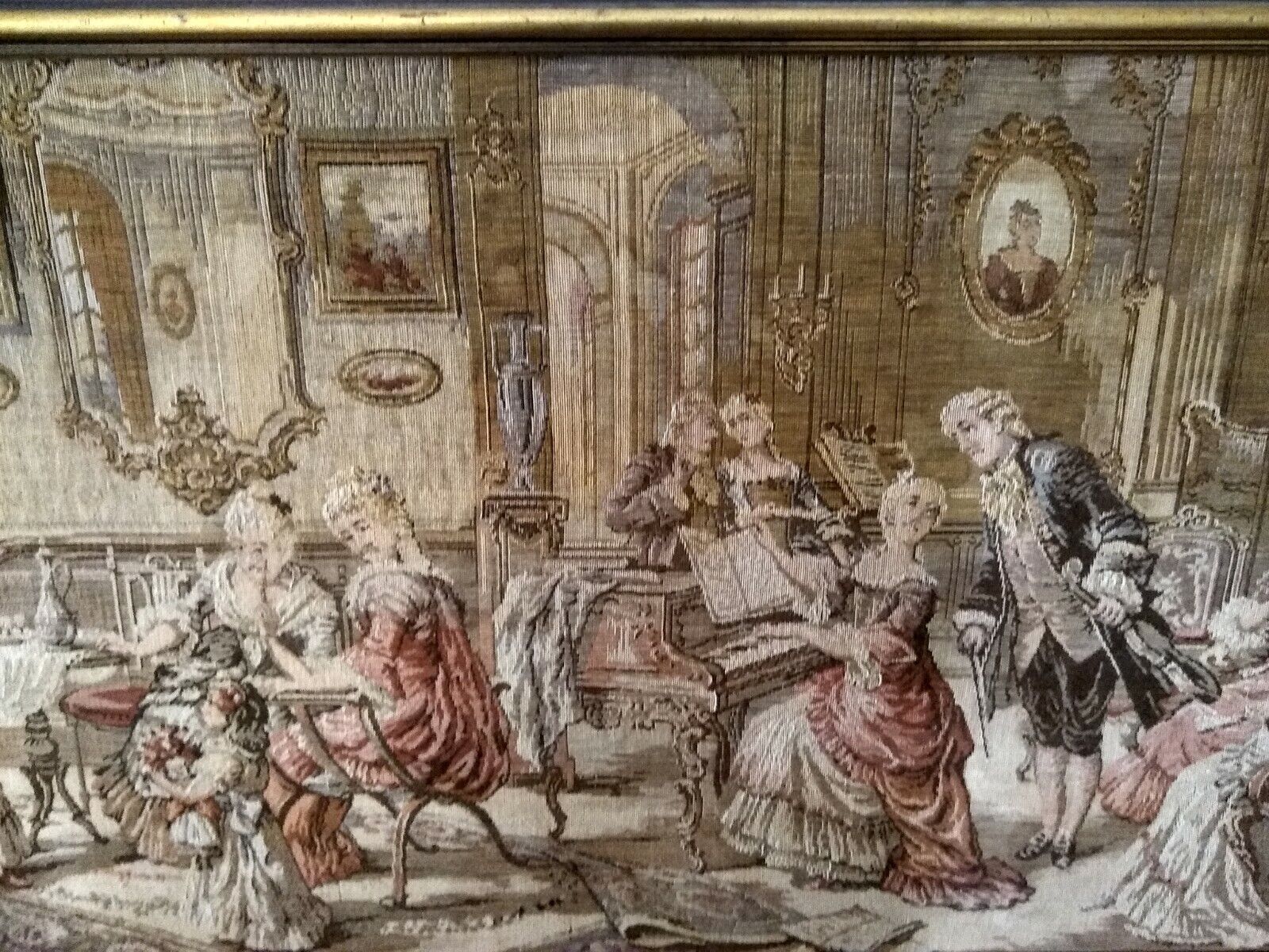 Vintage Belgian Tapestry of Salon Scene with Piano