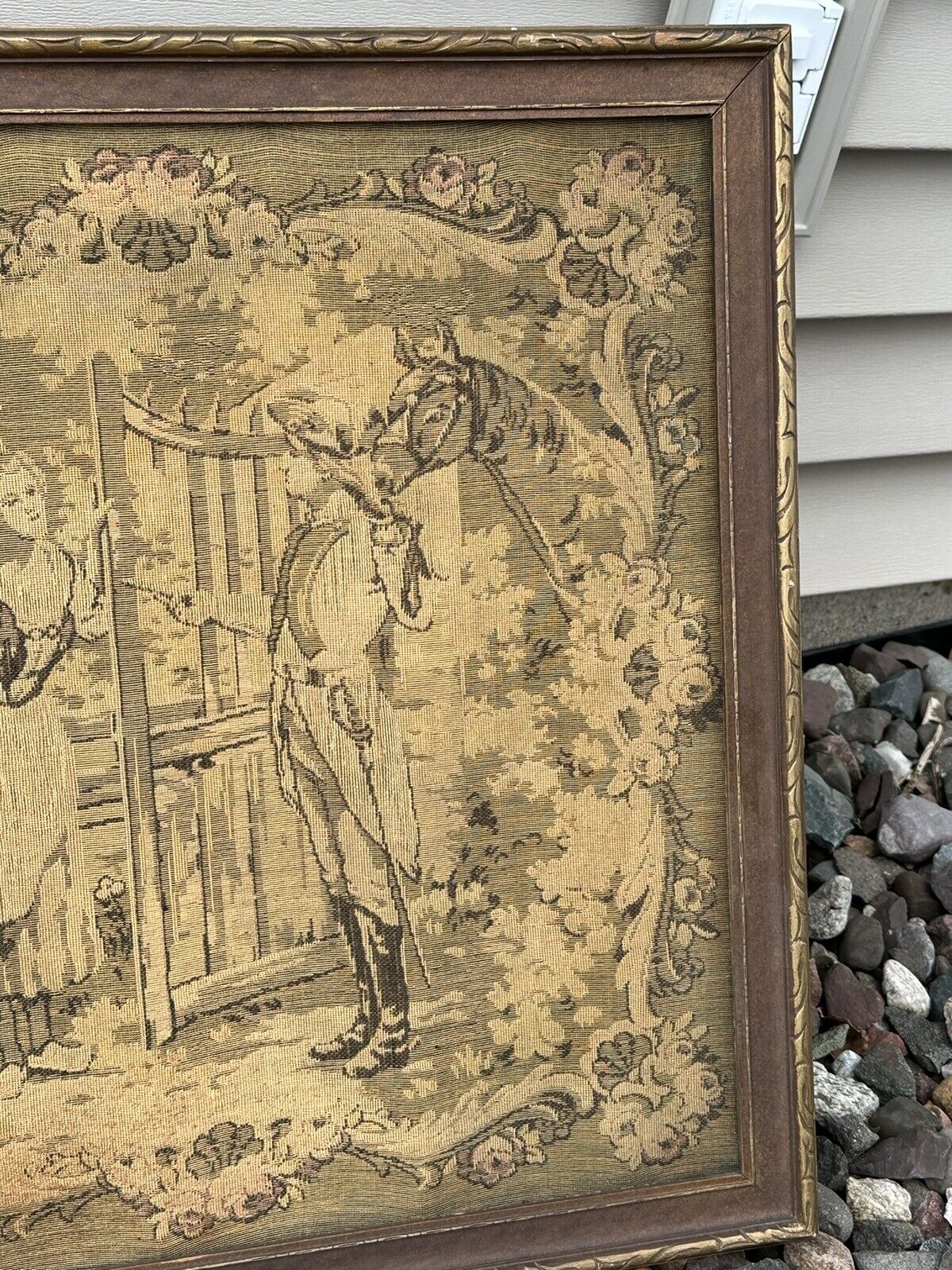 Antique Framed French Tapestry of Lady and Soldier