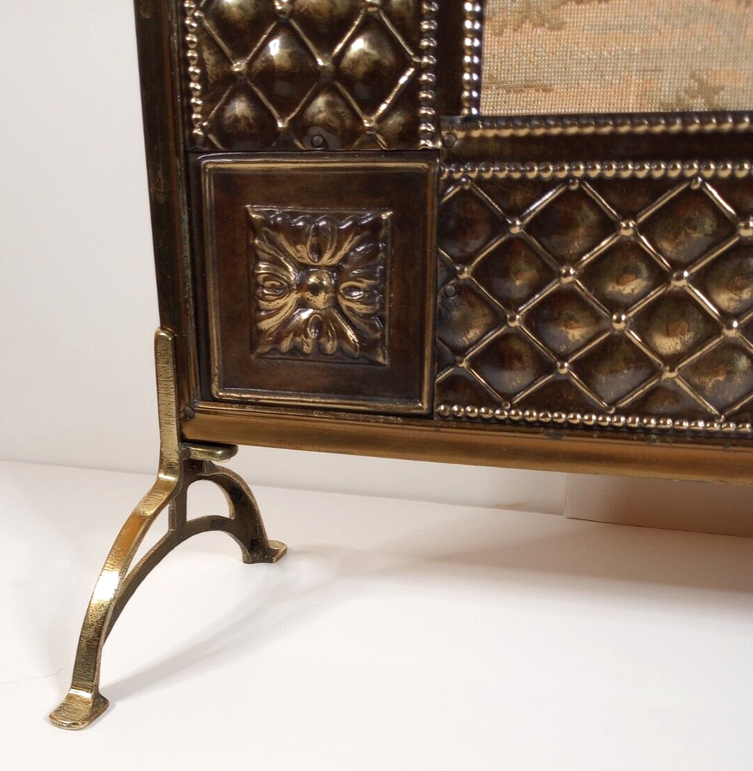 Antique English Tapestry Brass Fireplace Screen