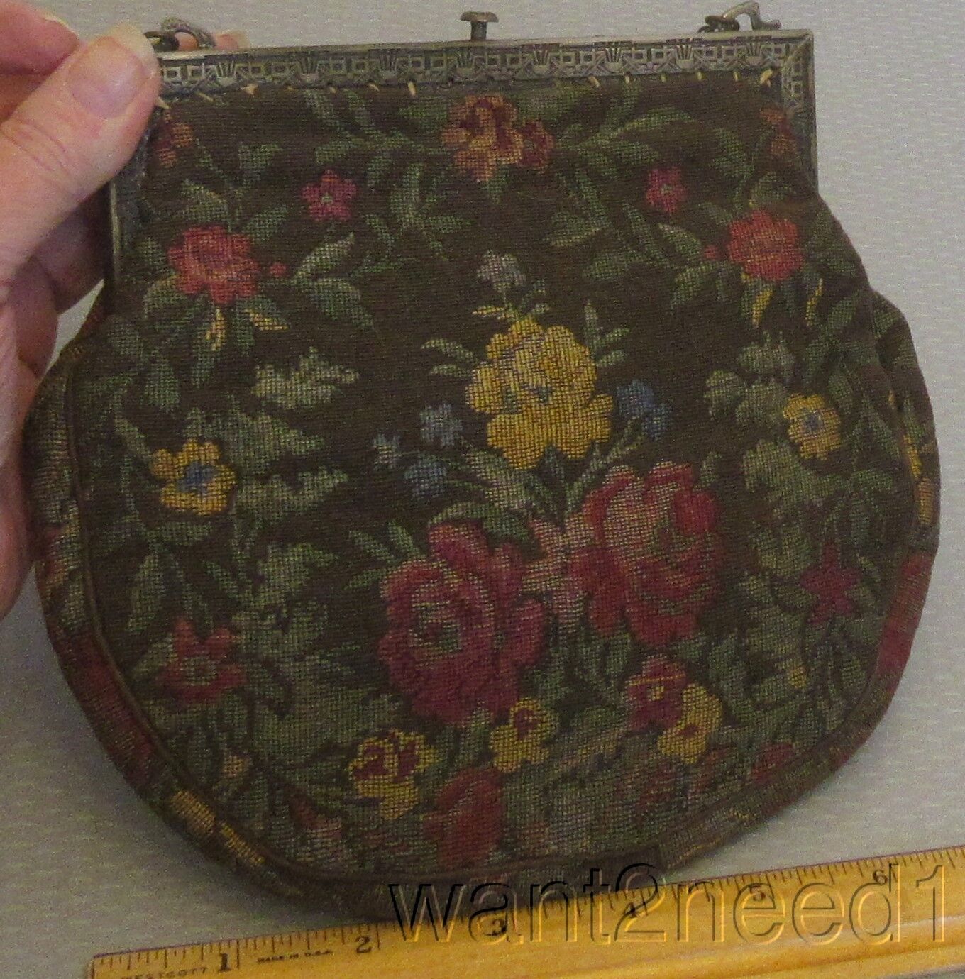 Edwardian French Tapestry Handbag with Floral Design