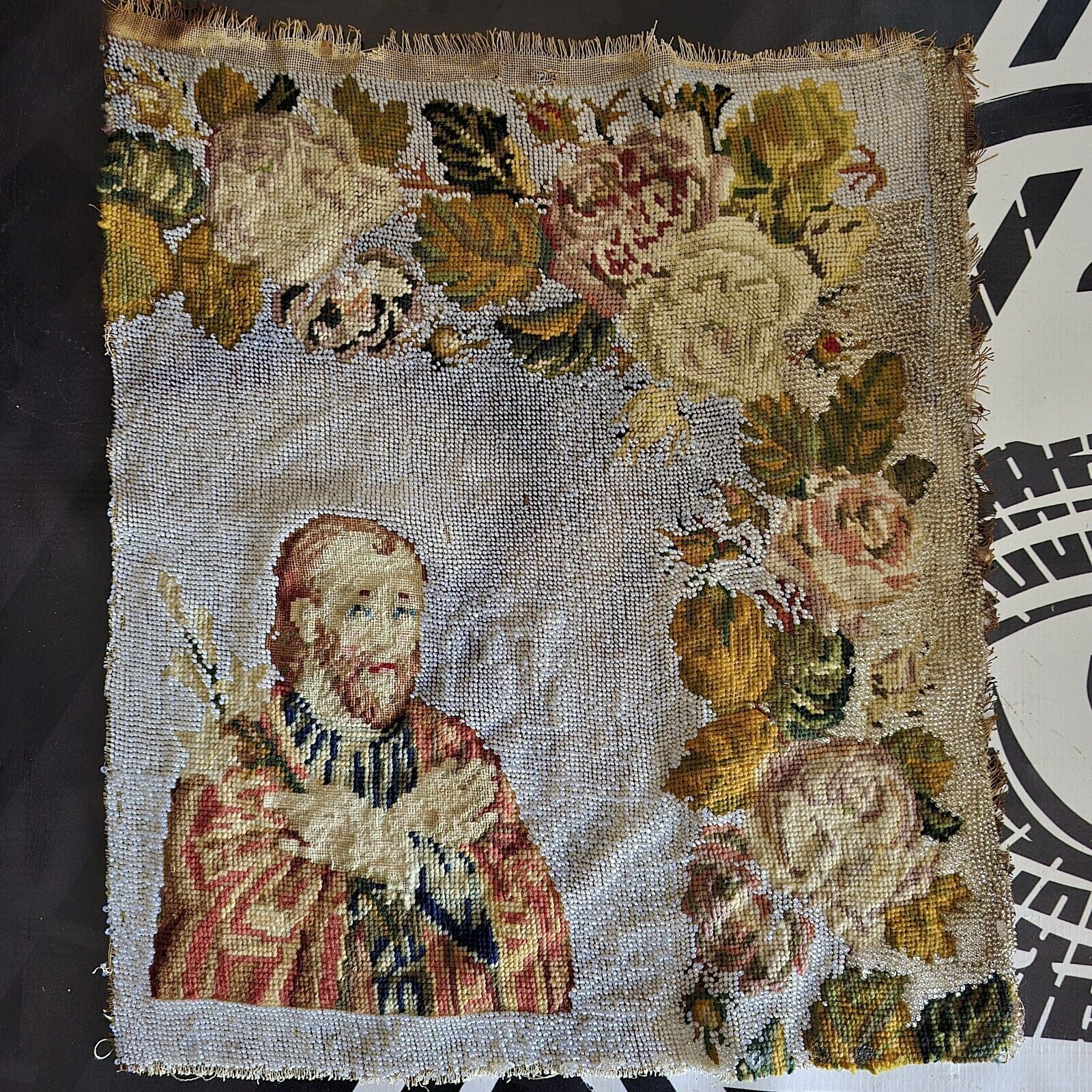 Antique Embroidered Religious Cloth with Roses
